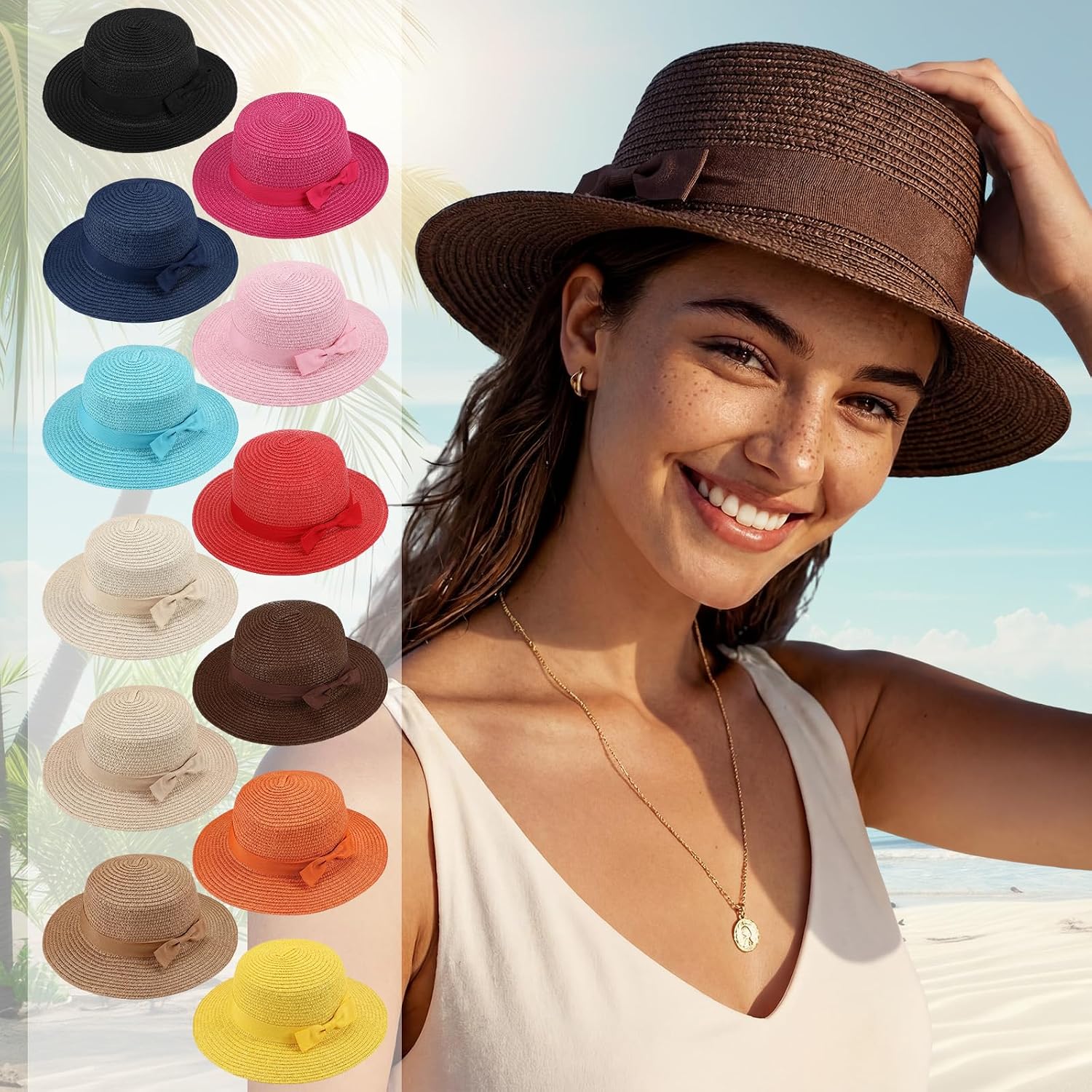 Tigeen 12 PCS Sun Hats for Women Straw Boater Hat for Beach Summer Panama Fedora Hats for Tea Party