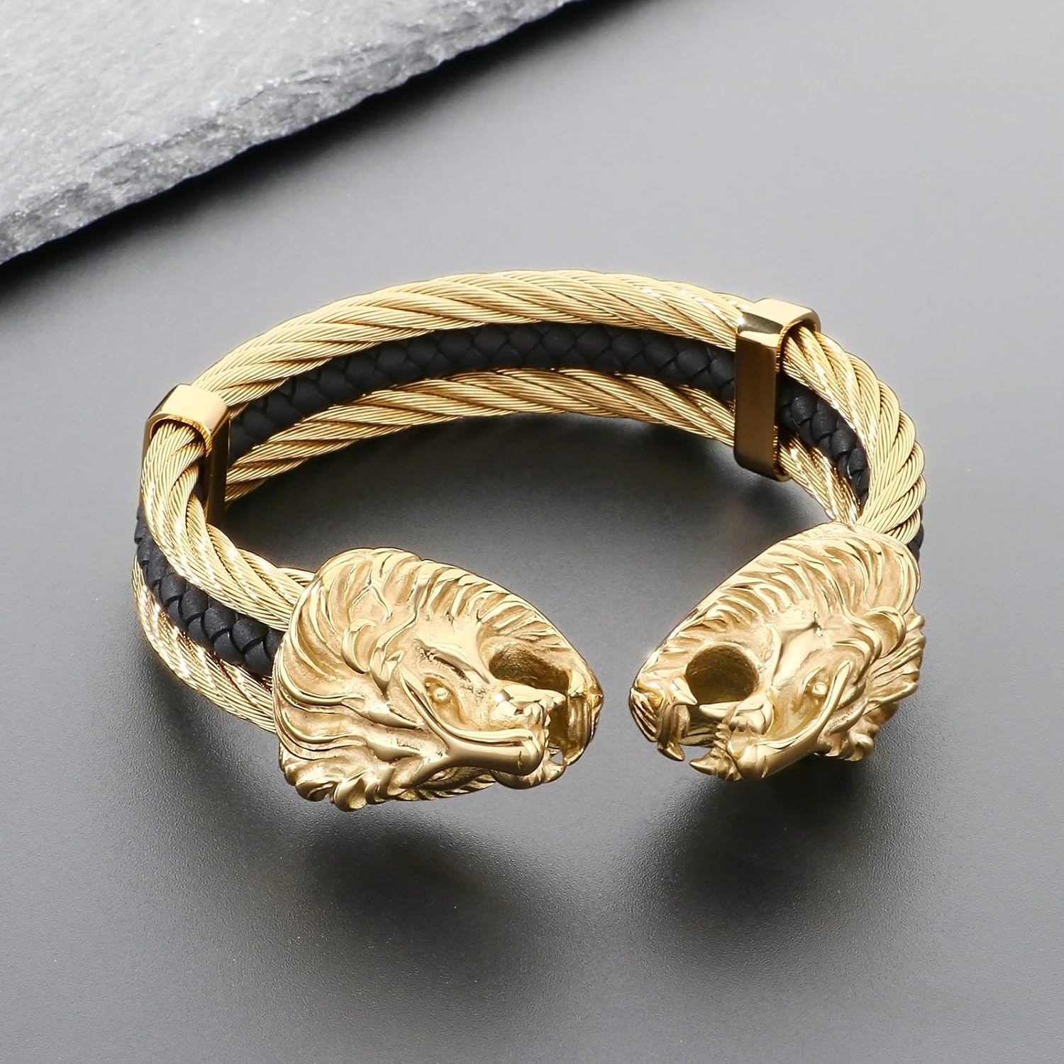 Men's Silver Gold Bracelet Viking Lion Head 316 Stainless Steel Leather Open Cuff Leather and Rope Chain Gothic Vintage Animal Totem Bangle - Image 2