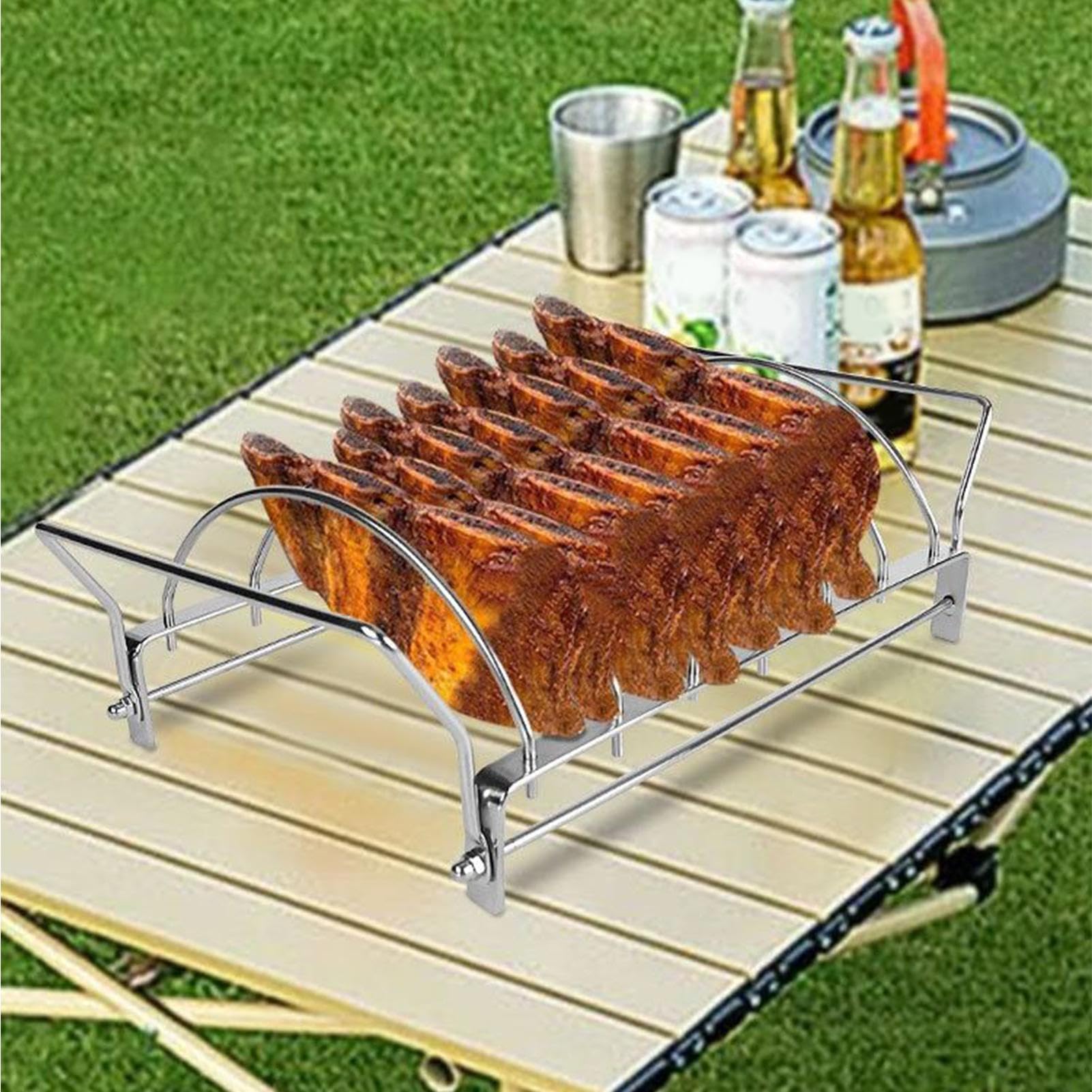 Stojak żeberkowy ze stali nierdzewnej do grillowania, składany, nierdzewny stojak do pieczenia z 6 przegródkami, idealne akcesorium do grilla, wieprzowiny, wołowiny i gotowania skrzydeł