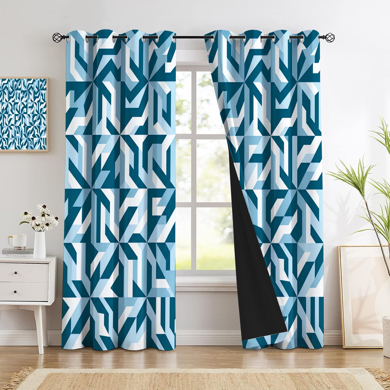 Rideau thermique isolant anti froid occultant géométrique bleu