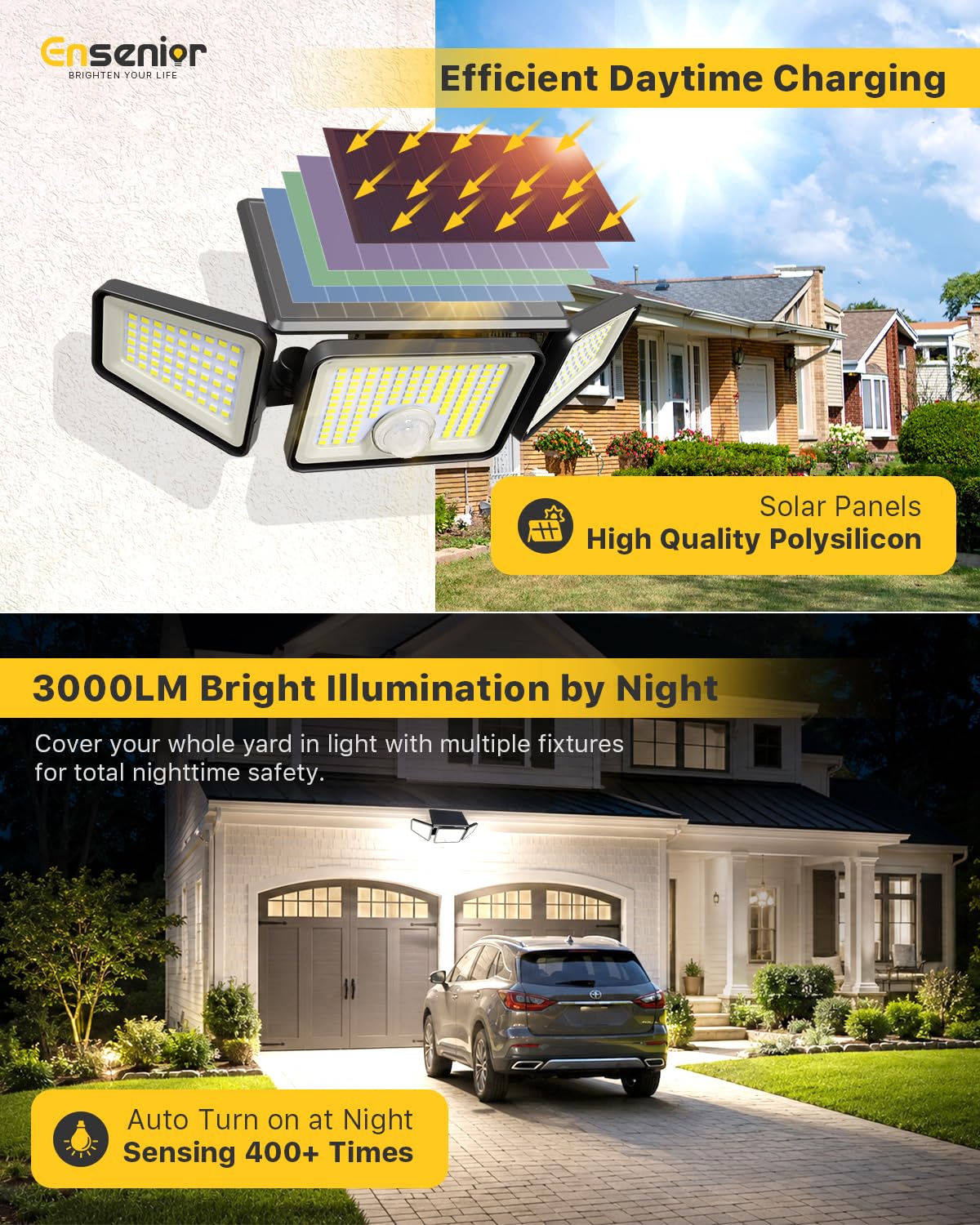Ensenior Solarleuchten Außen Bewegungsmelder, 2600LM 220 LED Hohe Helligkeit, 3 Kopf 270° Weitwinkel Flutlichter, Fernbedienung Sicherheitsleuchten 4 Modi, IP65 Wasserdicht Kabellose Wandleuchte, 2