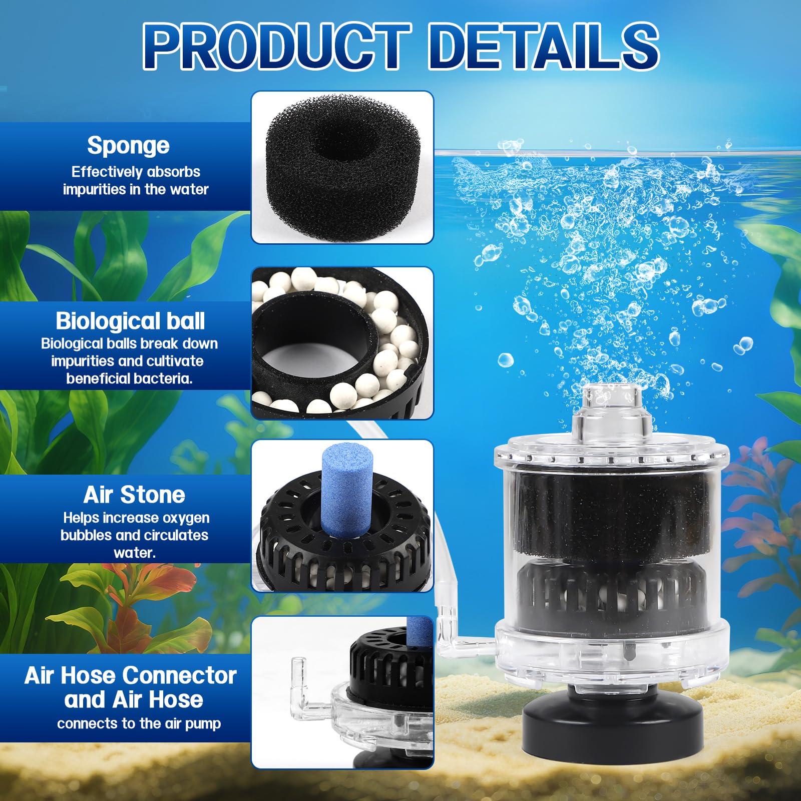 EXLECO Small Aquarium Sponge Filter with Bubbler Hose, Mini Aquarium Inner Filter for 30-60L Aquarium, Internal Filter with Filter Material, for Betta Shrimp (Air Pump Not Included) - Image 4