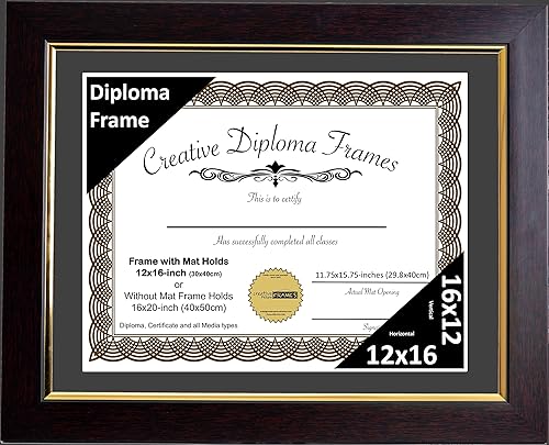 Creative Picture Frames Marco de diploma de caoba de 12 x 16 pulgadas con borde dorado, incluye vidrio negro y ganchos de pared instalados, marco