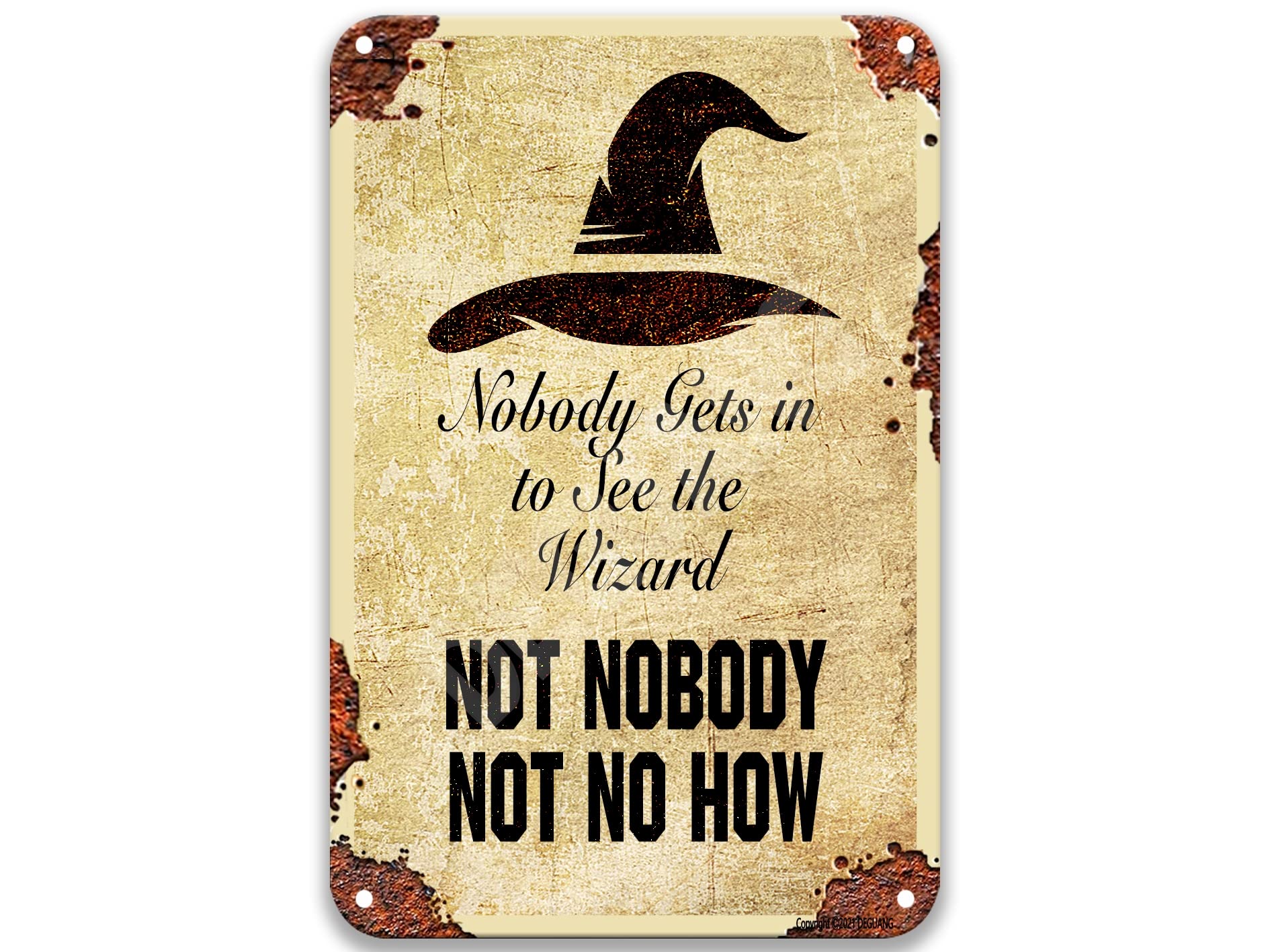 Peiyeety A005 Metal Tin Sign Nobody Gets In To See The Wizard Quote Art Vintage Decorative 12X16 Inch Retro Wall Art Plaque For Home Living Room Bedroom Novelty Wall Decor