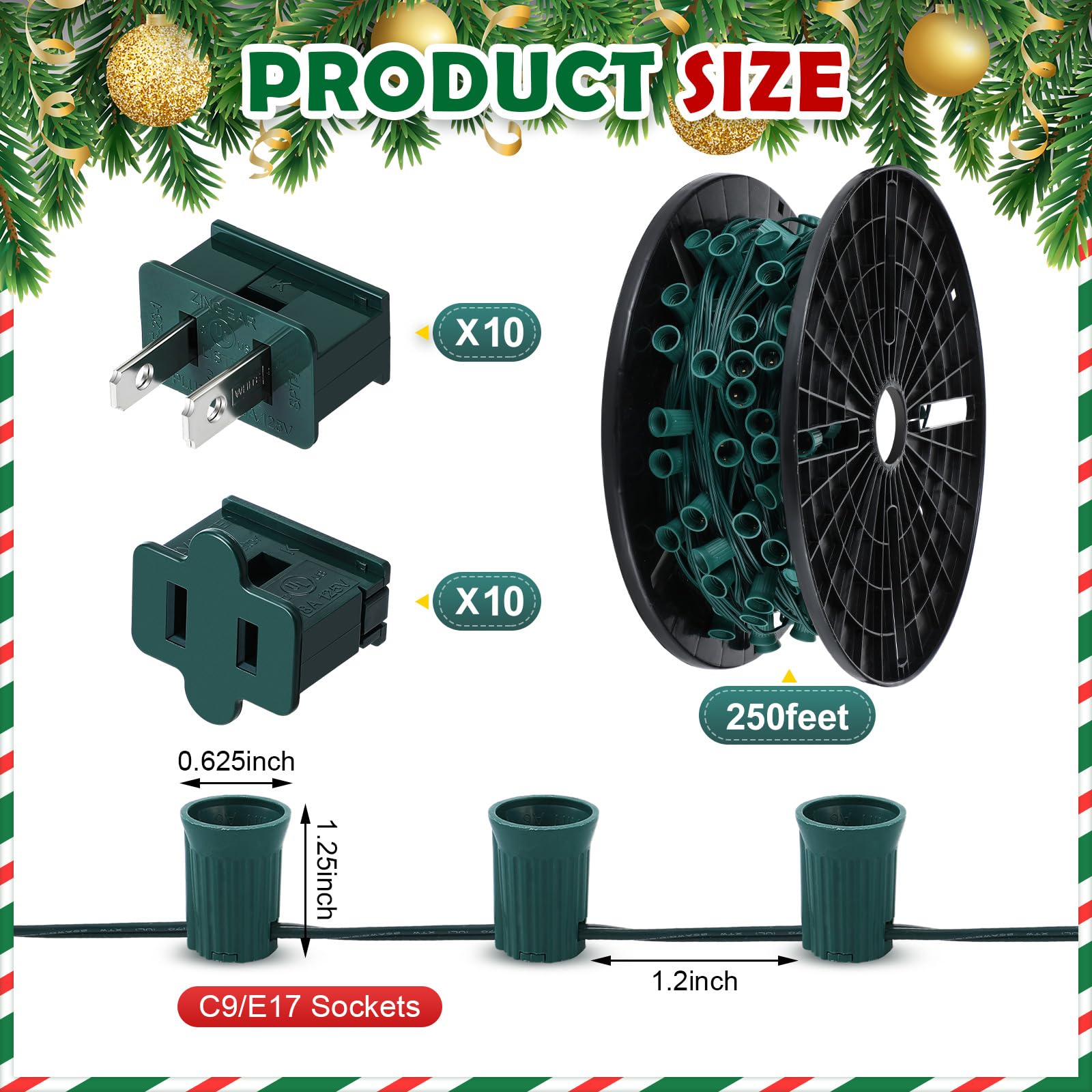 Copkim Juego de enchufes de luz de Navidad C9/E17, carrete para exteriores, con certificación UL, tira de luces de Navidad, a granel, salida de iluminación de vacaciones, 12 espacios, para decoración