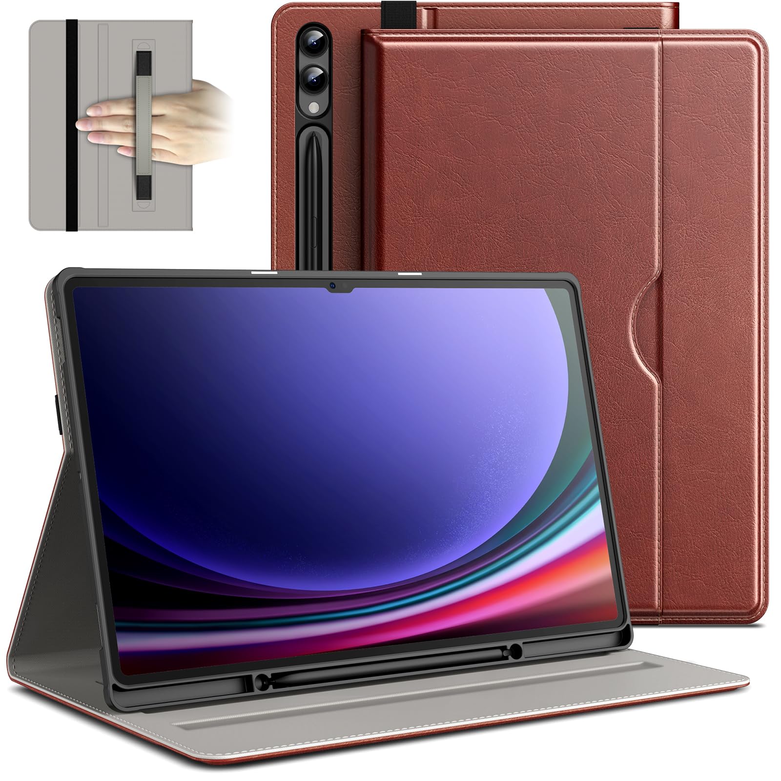 JETech Case for Samsung Galaxy Tab S10 Ultra/Tab S9 Ultra 14.6-Inch with S Pen Holder, PU Leather Business Folio Protective Tablet Cover with Pocket & Straps, Multi-Angle Viewing (Brown)