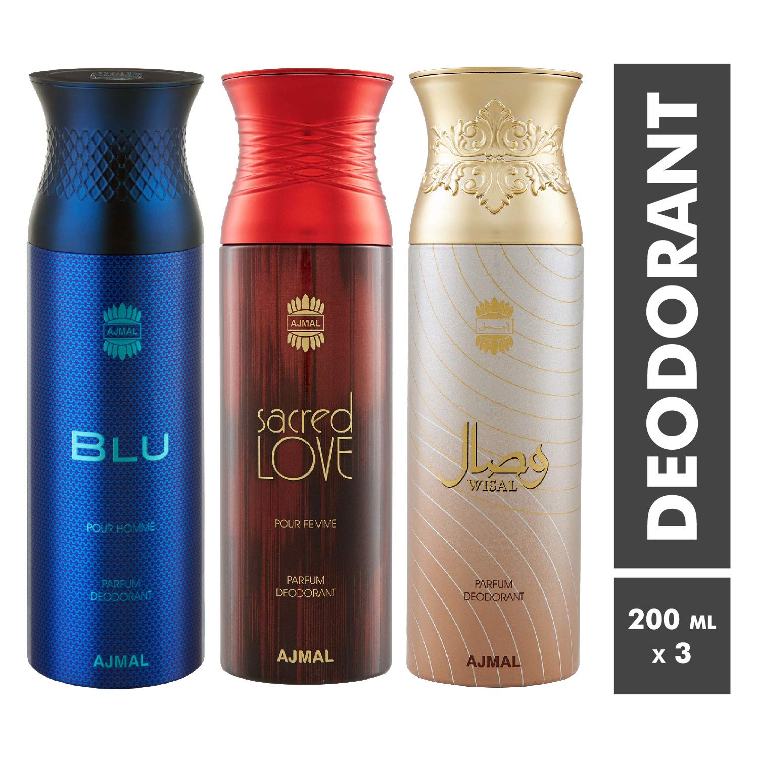 Ajmal Blu & Sacred Love & Wisal Deodorant Spray - For Men & Women (200 ml, Pack of 3) + 1 Perfume Tester