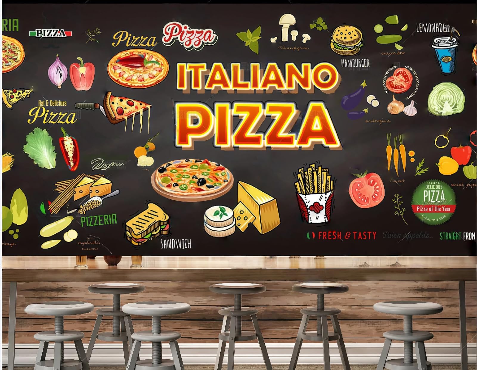 XDOUBAO Wallpaper Personalized Blackboard Hand-Painted Pizza Burger Snack Bar Afternoon Tea Coffee Shop Background Mural Western Restaurant Wallpaper,3D,350x245cm