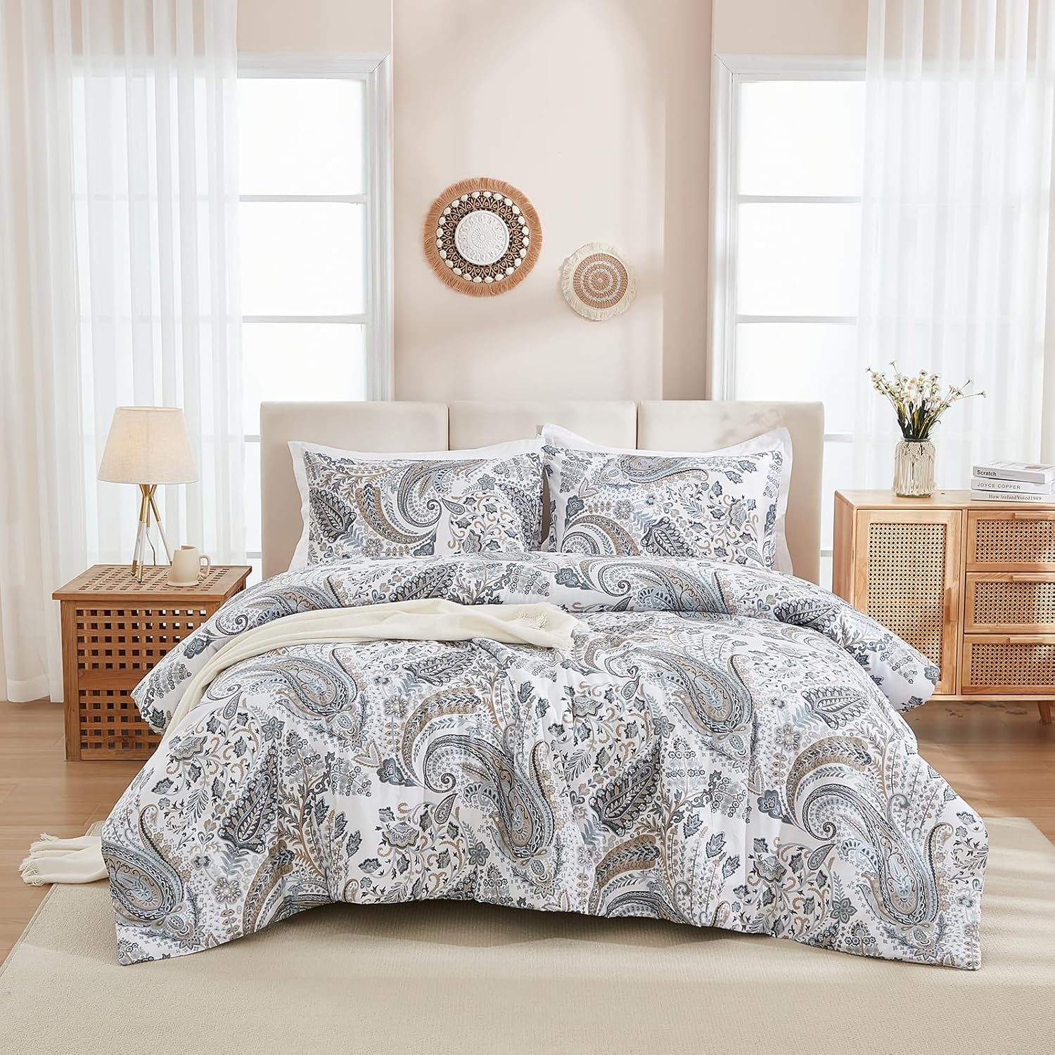 Grey Blue Paisley Comforter Set Queen Size 3 Pieces 100% Cotton Boho Paisley Pattern Bedding Set All Season Soft Cotton Lightweight Reversible Comforter - Image 5
