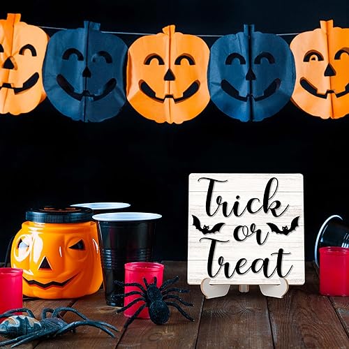 Miniatura 4 de Decoración de mesa de Halloween, placa de madera de truco o trato con soporte, letrero de madera decorativo de murciélago para el hogar, oficina,