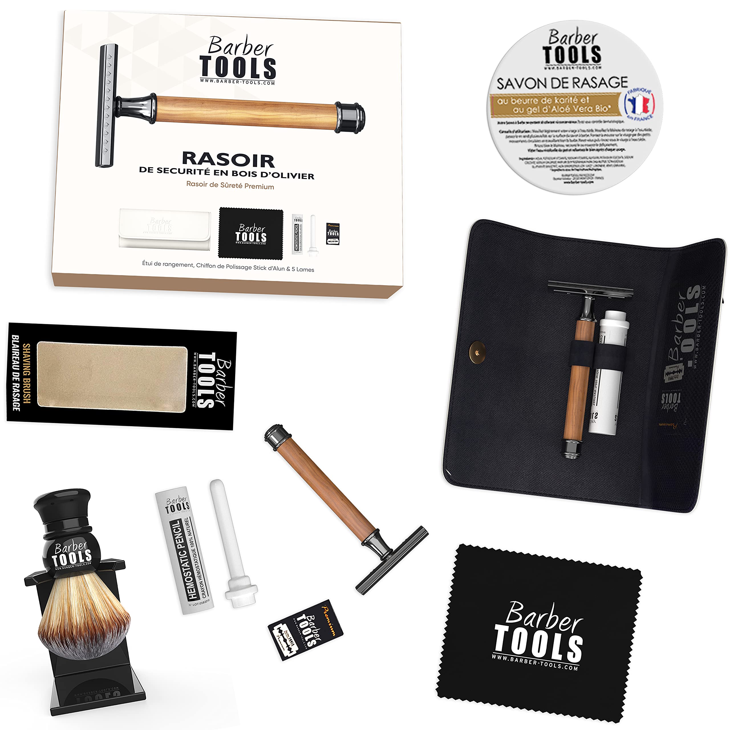 Kit de Rasage Rasoir de Sécurité + 5 Lames + Blaireau + Savon 150ml + Pierre d'Alun BARBER TOOLS