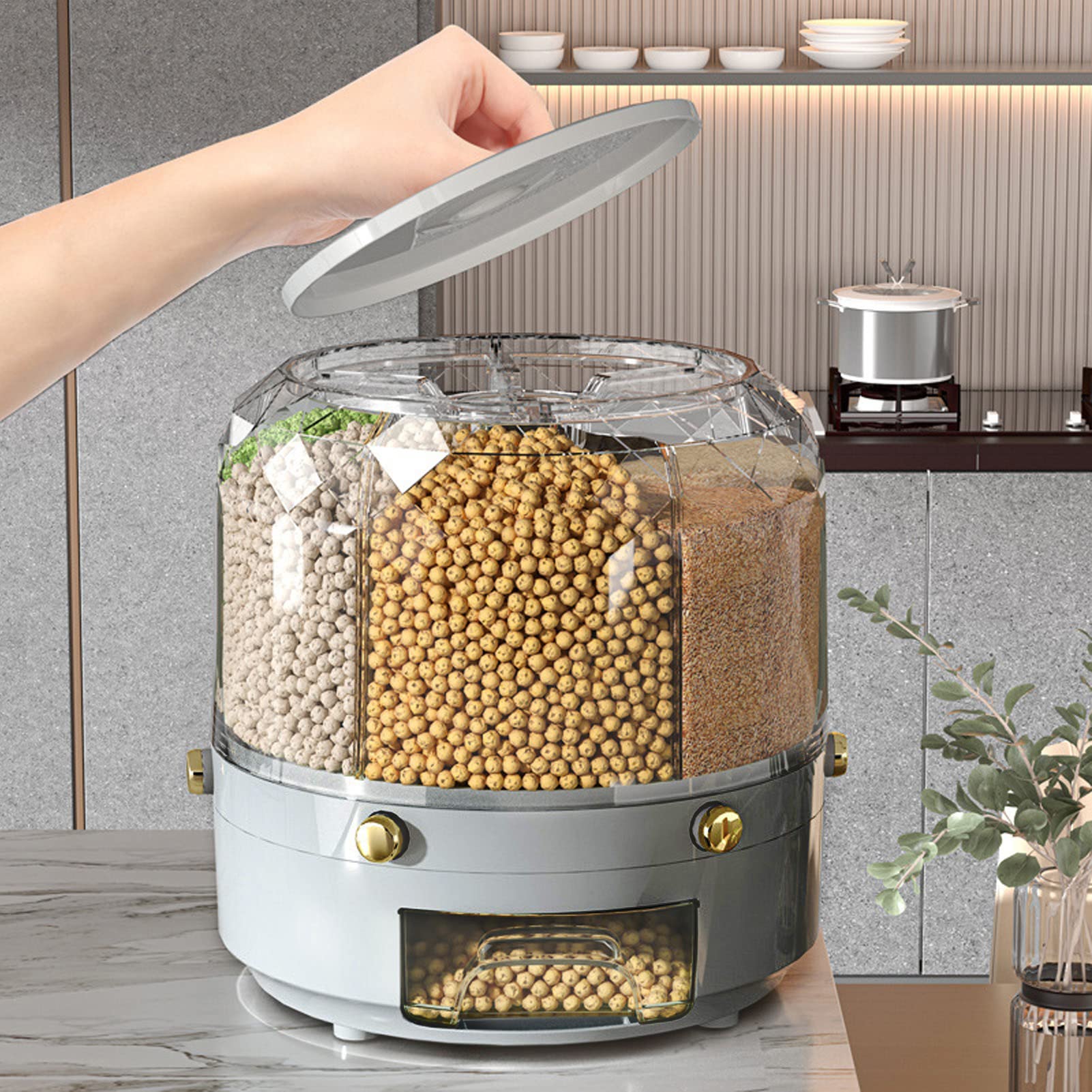 Natudeco Grain Storage Container Rotatable Rice Dispenser Box 6 Grid Grain Dispenser 360 Degree Rotating Food Dispenser Cereal Dispenser Countertop for Beans Rice Grains(grey)