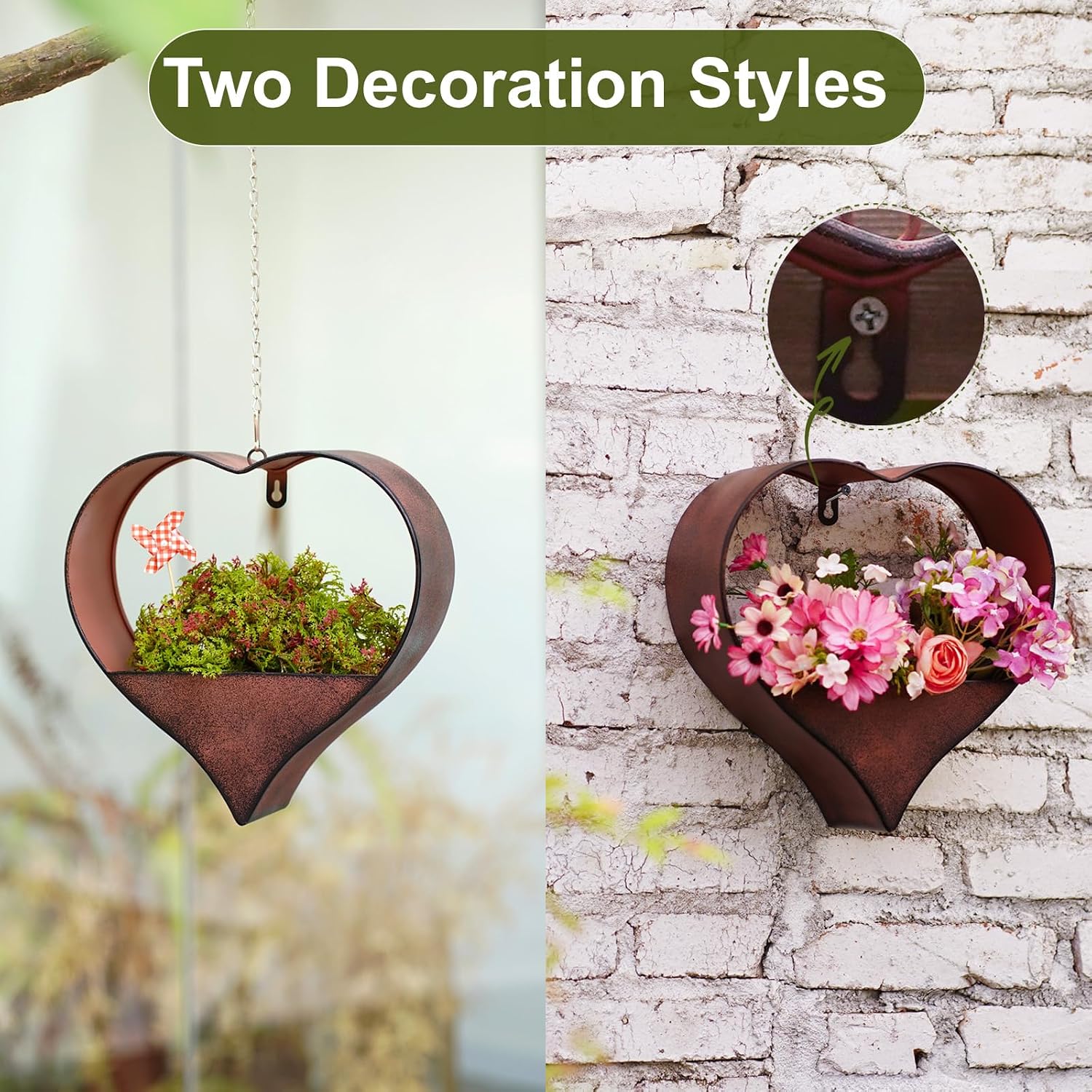 Metal Plant Hangers Indoor and Outdoor: Birthday Gifts for Mom Women Her Wife Garden Lovers - Heart Shape Hanging Planters for Window Wall Living Room Office Decor(Rustic)