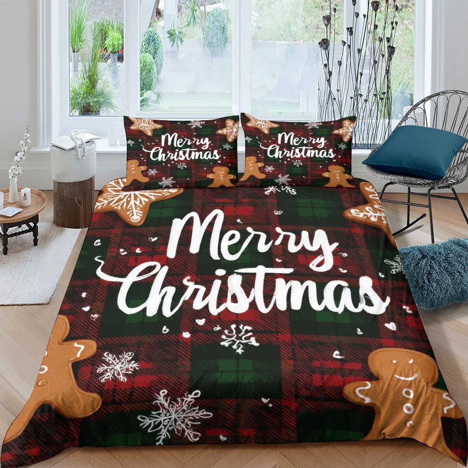 Ctjqhvkz Style-1 3D Printed Christmas Gingerbread Fitted Sheet Microfiber Red Plaid Snowflake Mattress Cover For Bedroom Holiday Decor Single（135X200cm）