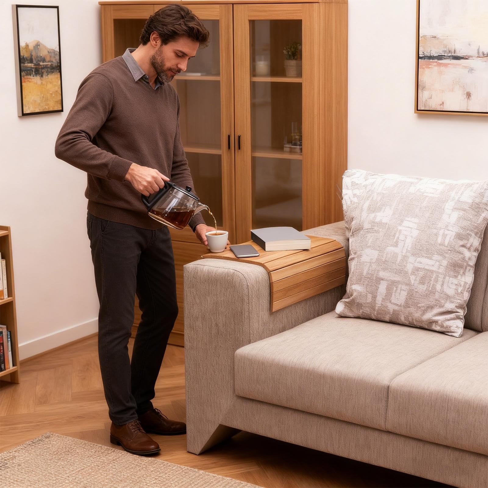 Bandeja para reposabrazos de sofá, soporte lateral de madera, portavasos para reposabrazos, ideal para sala de estar, apartamento, oficina, comedor, aperitivos, café, bebidas, teléfonos, mandos a