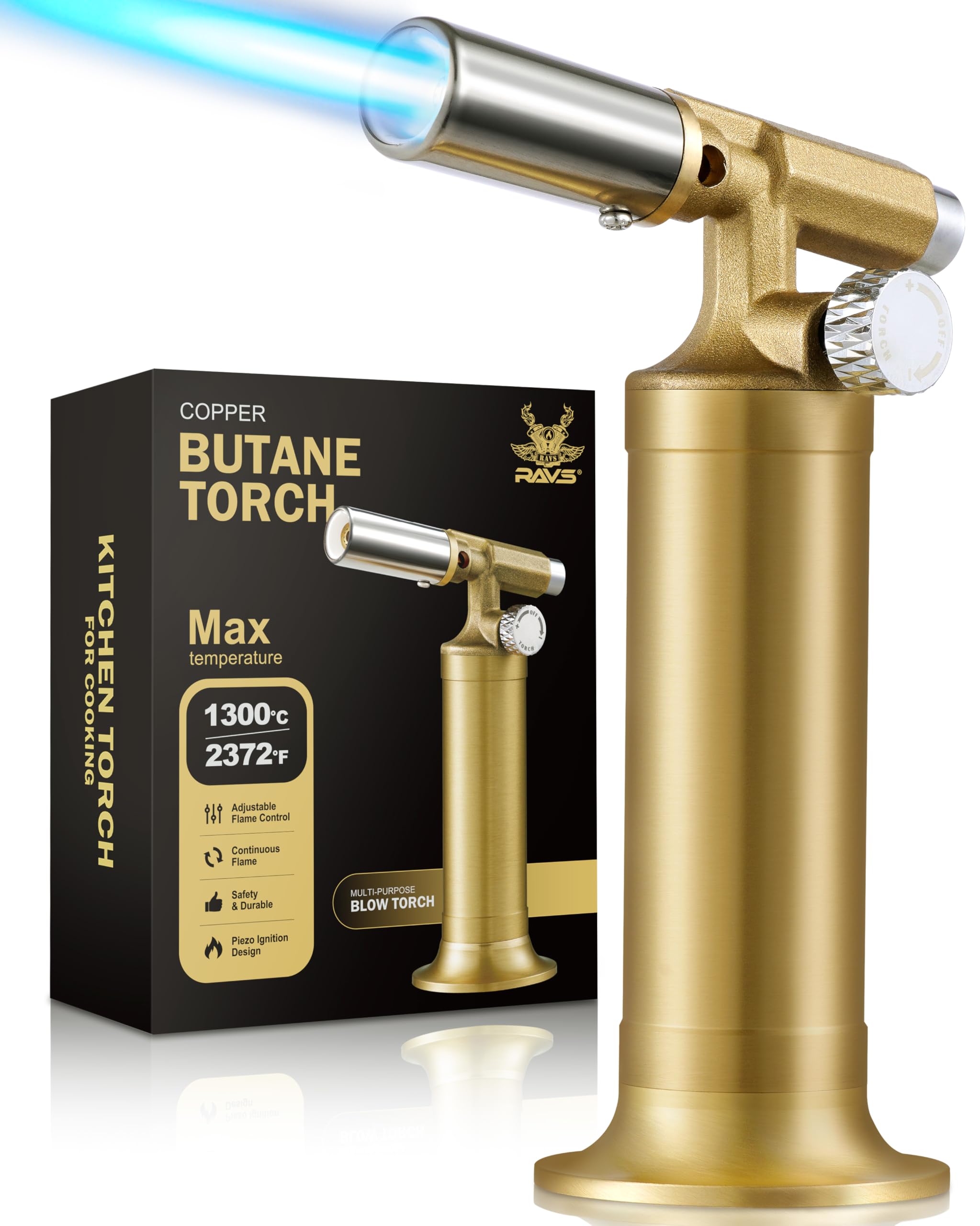 RAVS Copper Butane Torch Lighter, Refillable Kitchen Torch Cooking Torches, with Adjustable Flame, Creme Brulee Torch for Baking, Gifts for Men, Stocking Stuffers for Men, Butane is Not Included