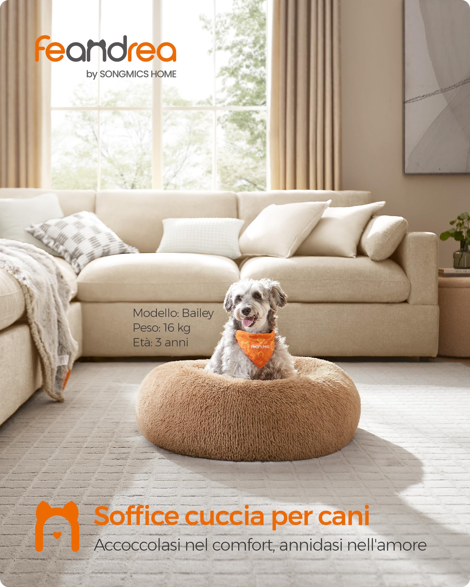 Feandrea Cuccia Cane Interno, Cuccia per Cani, Lettino per Animali Domestici a Ciambella, Cuscino Sfoderabile e Lavabile, Tappeto di Peluche, Diametro 70 cm, Marrone Cammello PGW039K01