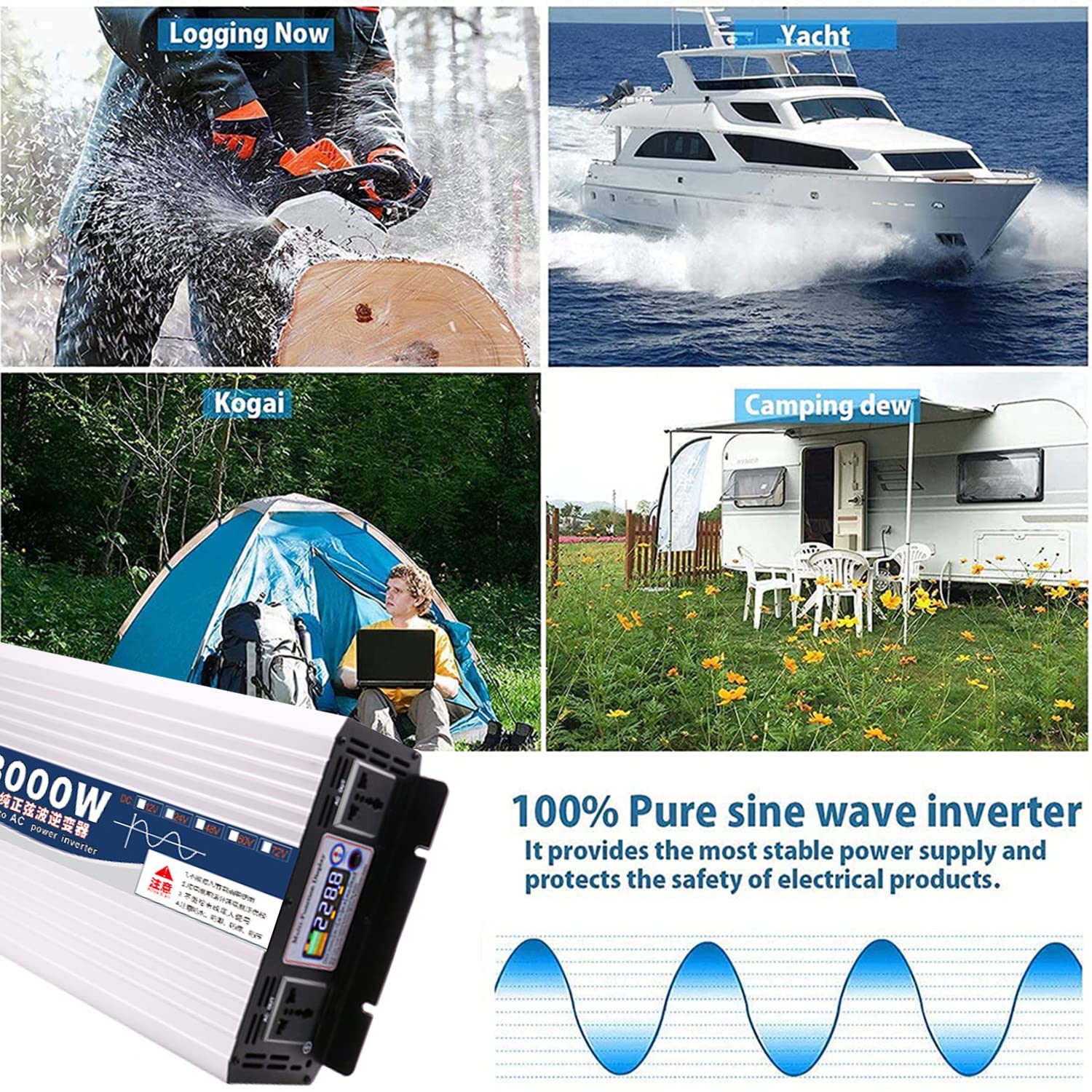 Przetwornica mocy czystej fali sinusoidalnej 5000W 6000W 7000W 8000W DC 12V 24V 48V 60V na AC110V 230V Przetwornica napięcia z uniwersalnym gniazdem i inteligentnym kolorowym ekranem,8000W-12V