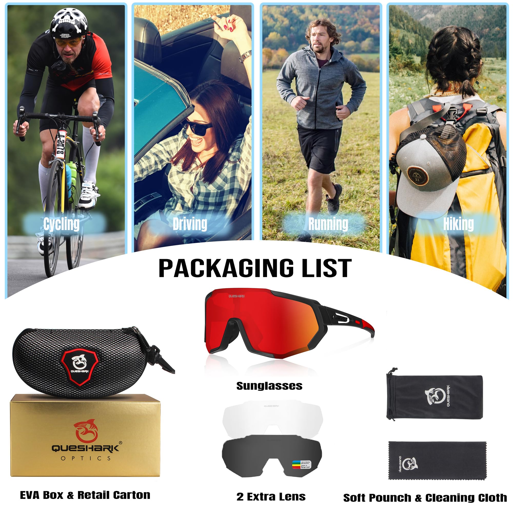 Queshark Lunettes de Cyclisme Vélo Polarisées TR90 Cadre Sports pour Hommes Femmes avec 3 Lentilles Interchangeables Anti-UV400 VTT
