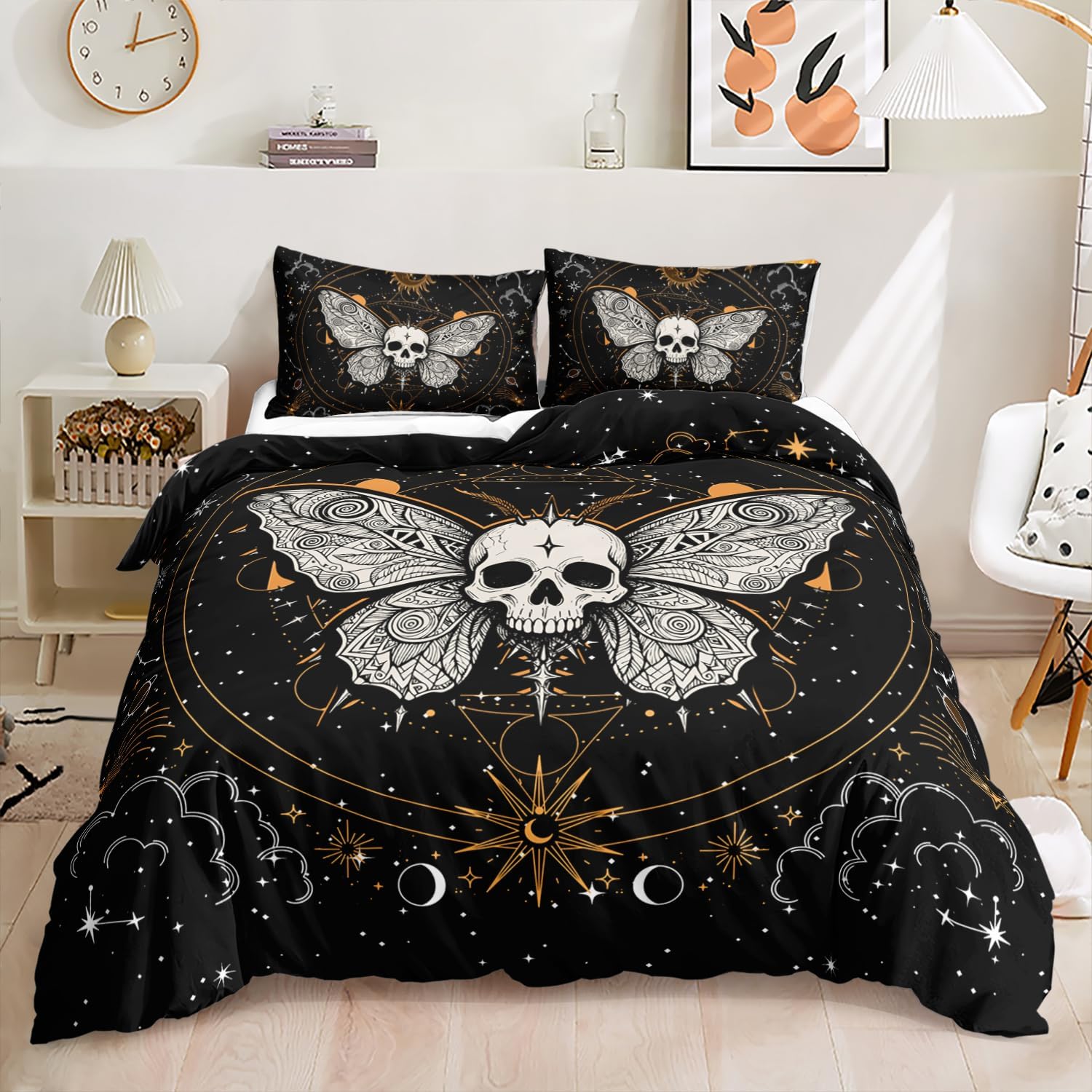 HOSIMA Butterfly Bedding Set for Girls， Gothic Skull Boho Comforter Cover Decor for Bedroom, Sun and Moon Pattern Duvet Cover Twin Size.(No Comforter)