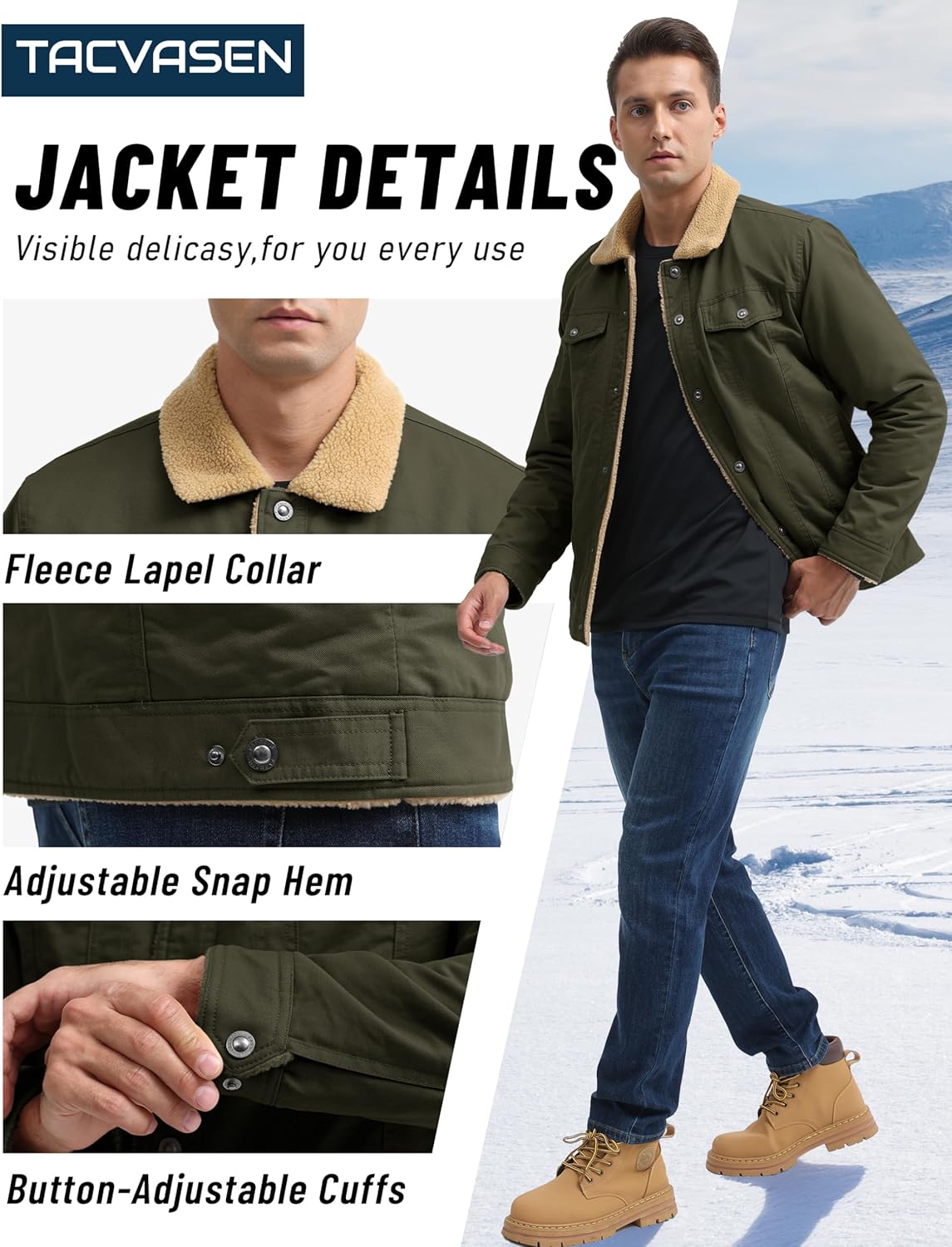 TACVASEN Mens Winter Jacket Thick Thermal Sherpa Jacket Warm Lapel Fleece Lined Coats Trucker Work Cargo Multi Pockets - Image 6