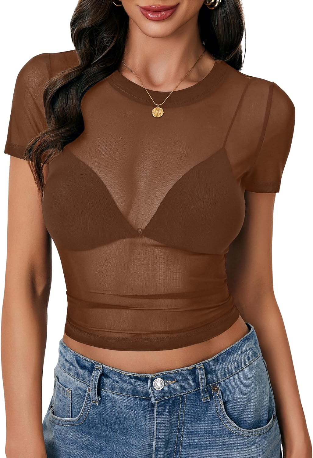 LYANER Women's Mesh Sheer Tops Short Sleeve Slim Fit Sexy Crop Top Summer See Through Shirts - Image 2