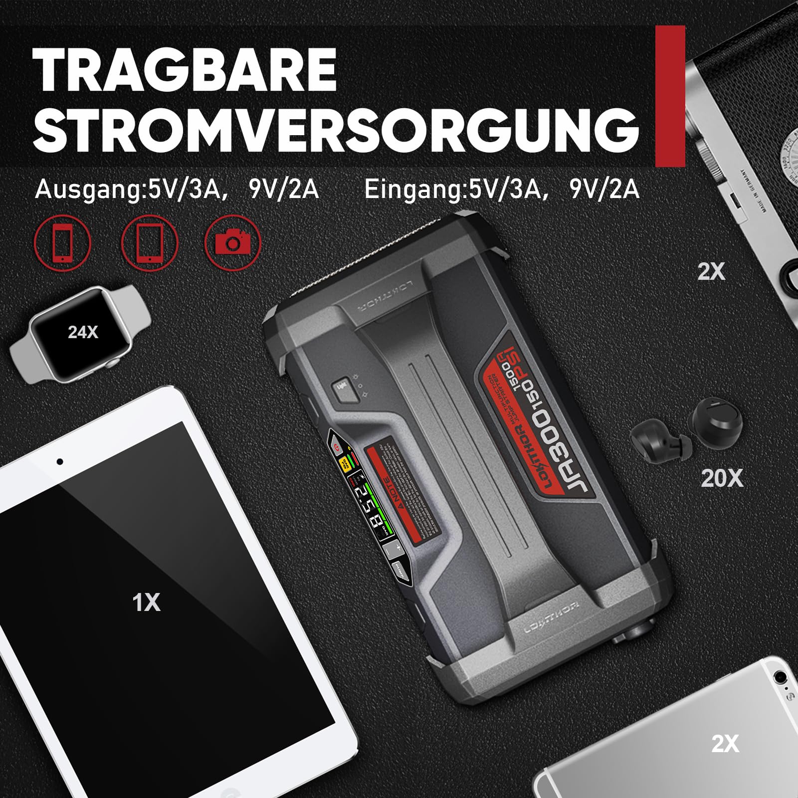 LOKITHOR JA300 Starthilfe Powerbank mit Kompressor, 1500A 12V Autobatterie-Booster 18000 mAh Jump Starter mit Luftpumpe für bis zu 7,0L Benzin oder 4,5L Diesel 150 PSI Reifenfüller mit Digitalanzeige