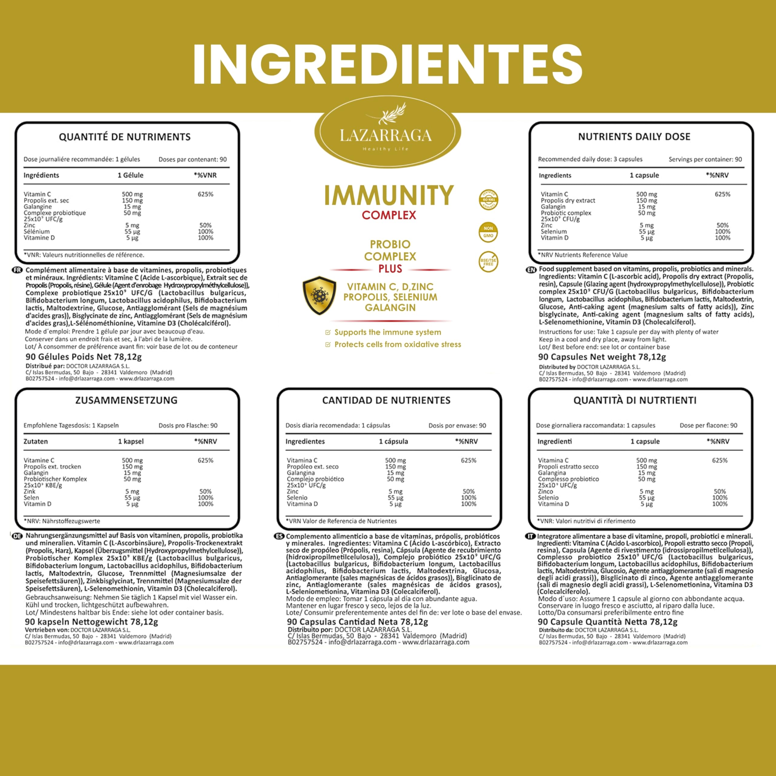 IMMUNITY DEFENSAS COMPLEX 6 EN 1 con Vitamina C + Vitamina D + Propóleo + Zinc + Selenio + Probióticos y Prebióticos + Galangina | Apoya el Sistema Inmunológico l Cápsulas Veganas (90)