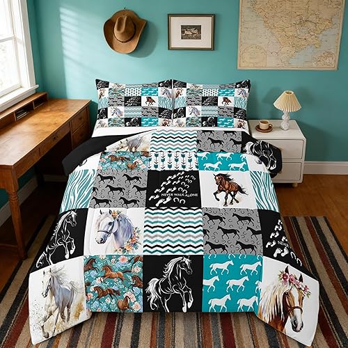 Miniatura 3 de Ropa de Cama de Caballos, Juego de Edredón de Caballo de Granja Occidental para Niñas Cama Individual, Edredón Bohemio con Flechas Rayas de Cebra