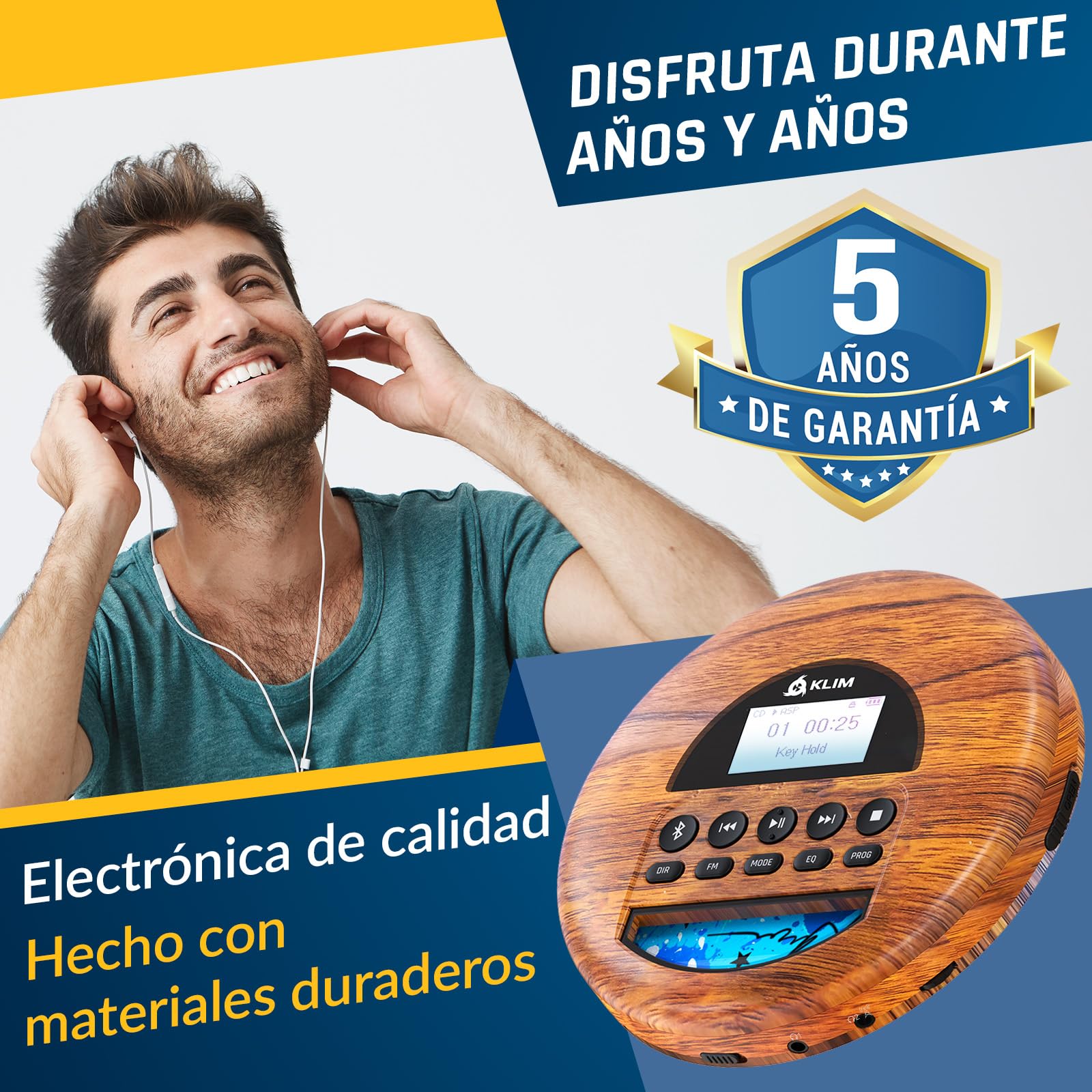KLIM Nomad Wood Lettore cd portatile with KLIM Custodia Impermeabile per Lettore CD Portatile con 3 Scomparti