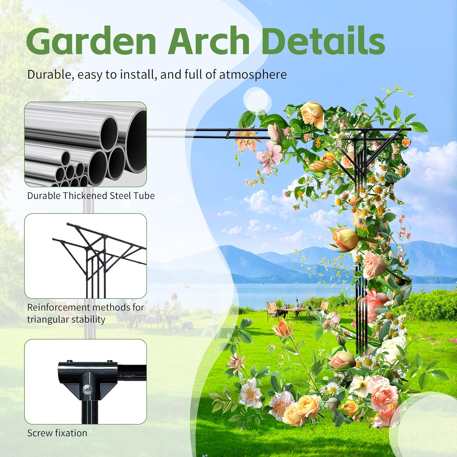 Garden Trellis Arch - 140.7" L x 106" H Supersize Flattop Garden Arch for Wedding - Galvanized Steel Pipe Coated with Plastic （Black）