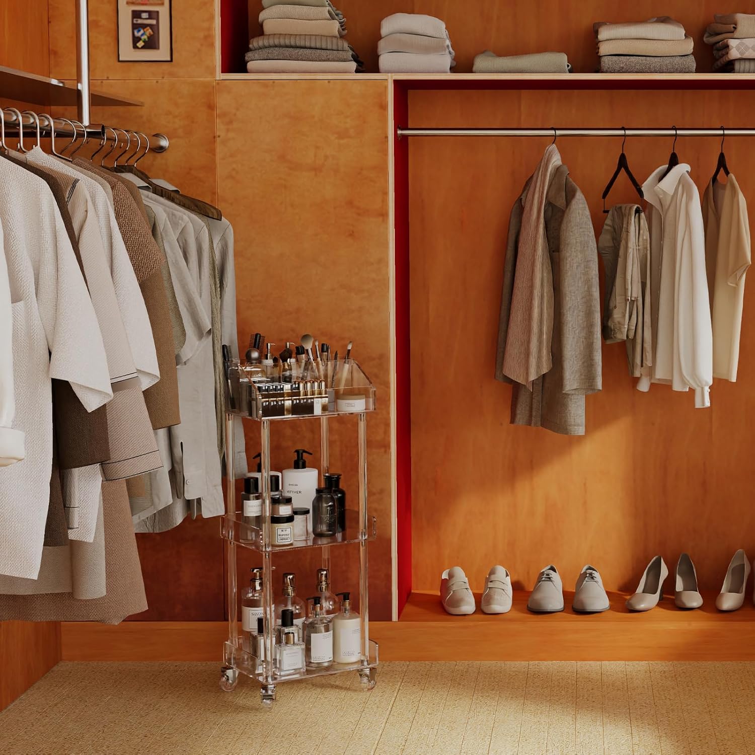 Acrylic Makeup Organizer Storage Cart - 3 Tier Rolling Makeup Cart Vanity Organizer - Cosmetics Display Cases Holder for Skincare Cosmetics, 11.8'' L x 9.8'' W x 31.7'' H, Clear