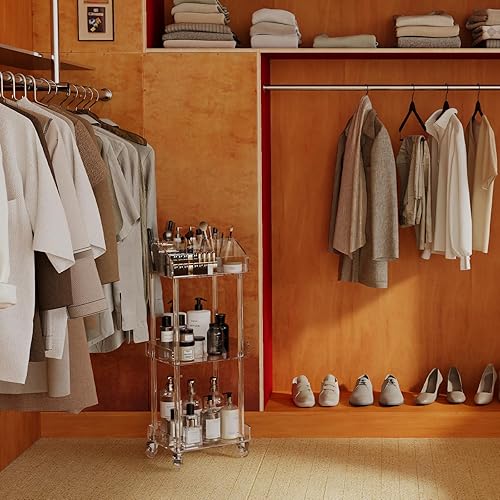 Miniatura 6 de Organizador de maquillaje acrílico, carrito de almacenamiento de 3 niveles, organizador de maquillaje con ruedas, soporte para cosméticos para el