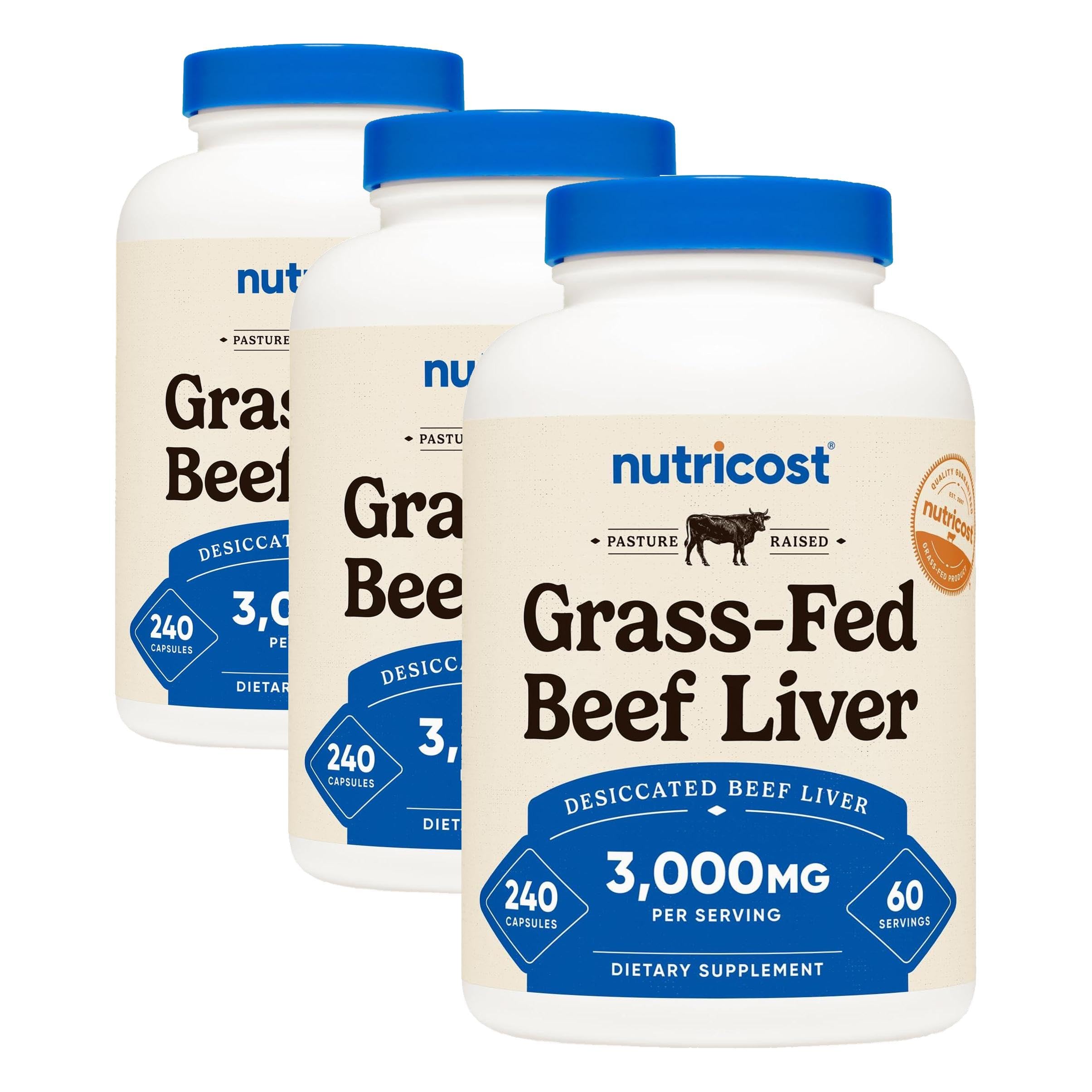 Nutricost Grass Fed Desiccated Beef Liver 3000mg, 240 Capsules, 60 Servings (Pack of 3) 240 Count (Pack of 3)
