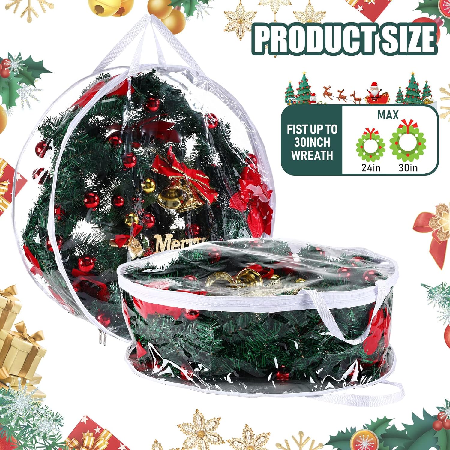 Zhengmy 5 Pcs 30 Inch Christmas Wreath Storage Bags Transparent Wreath Storage Container Bulk Wreaths Box with Dual Zippers and Handles for Xmas Holiday Wreaths Garland