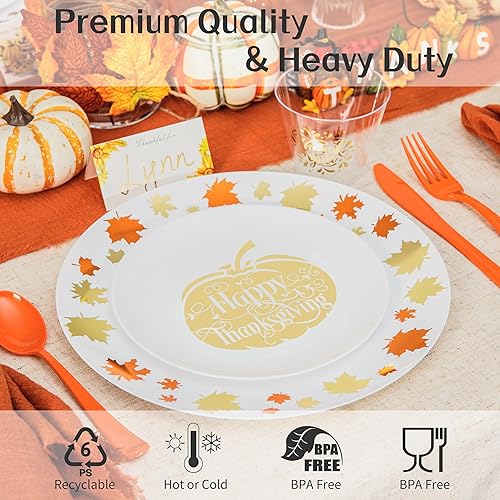 Miniatura 4 de Juego de vajilla de Acción de Gracias de 175 piezas con platos, vasos, cubiertos naranjas, tarjetas de lugar para 25 invitados