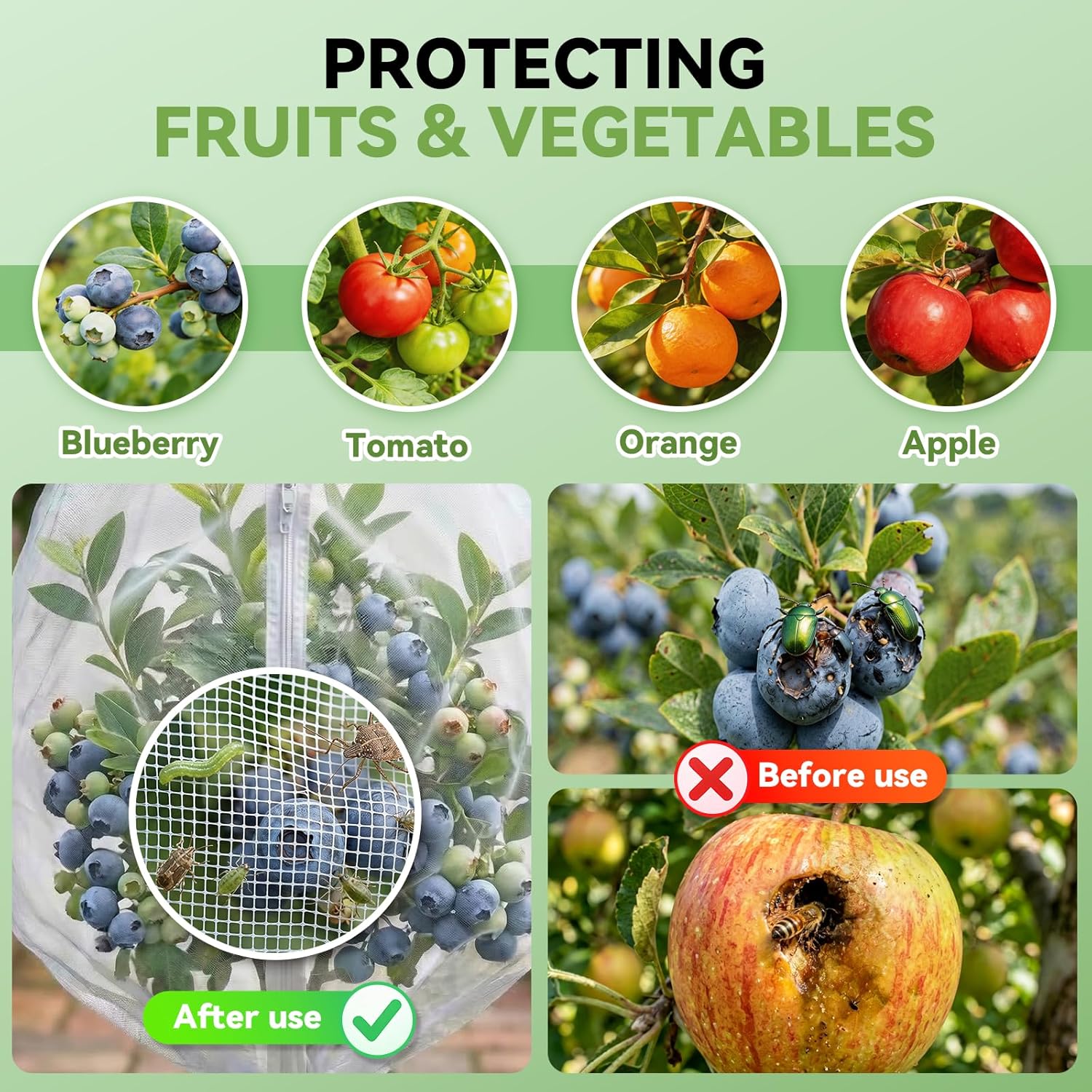 4 Pack Bird Netting for Garden Protection with Zipper & Drawstring - Garden Netting Pest Barrier 4.9x4FT,Cover for Blueberry Bushes Tomato Fruit Tree and Plants Protection from Insect Mosquito Birds