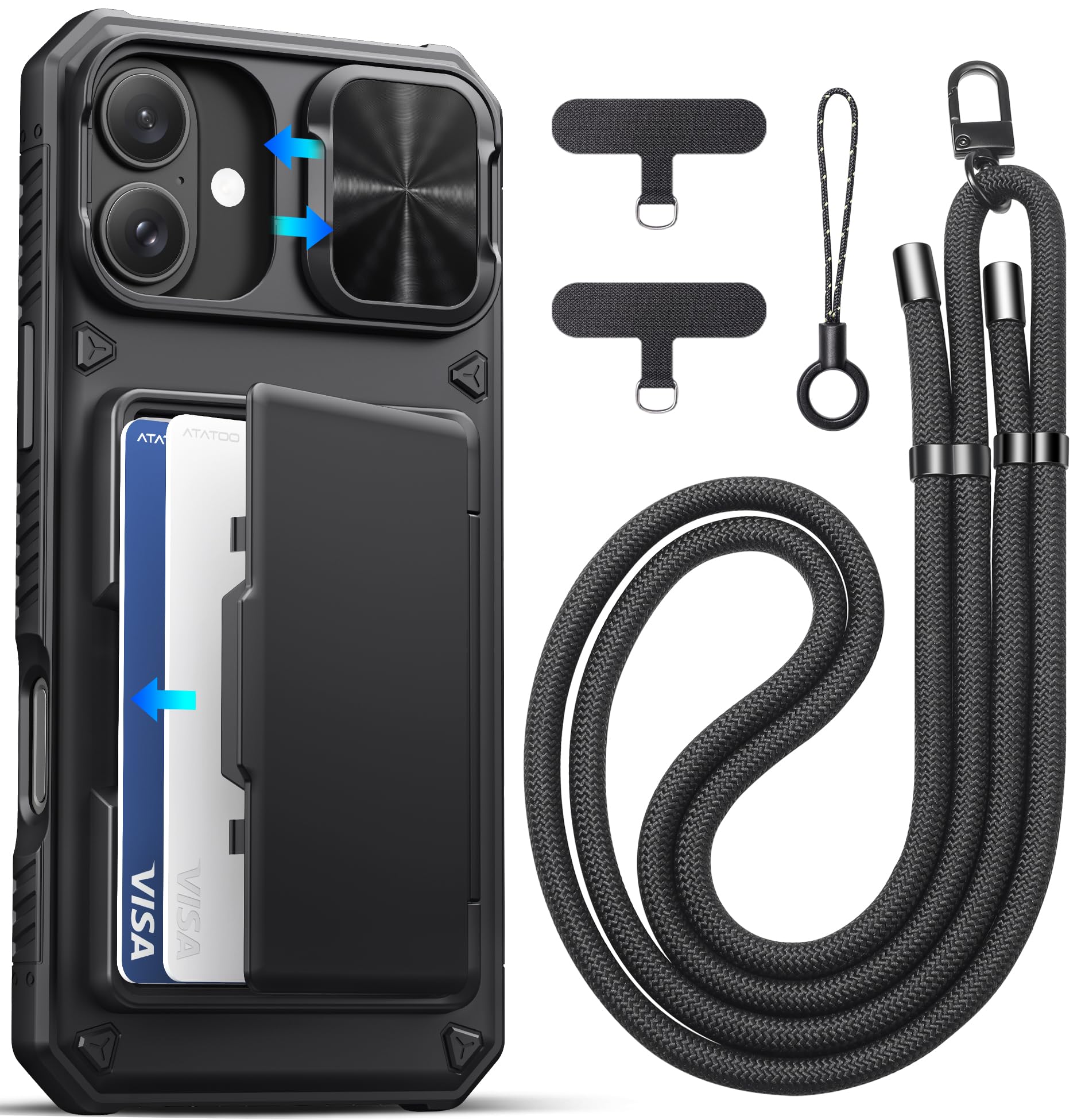 ATATOO for iPhone 16 Plus Case Wallet with Lanyard, Card Holder, Black