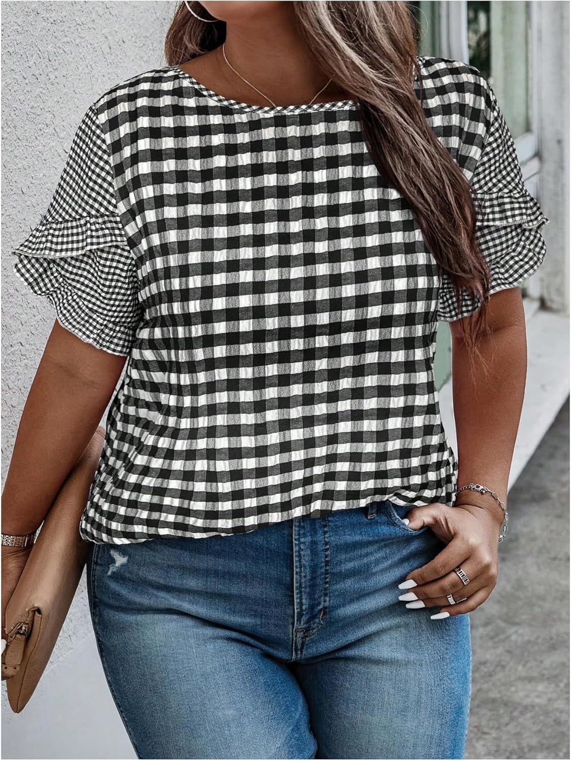 SweatyRocks Women's Plus Size Ruffle Short Sleeve Gingham Plaid Blouses Casual Summer Shirt - Image 3