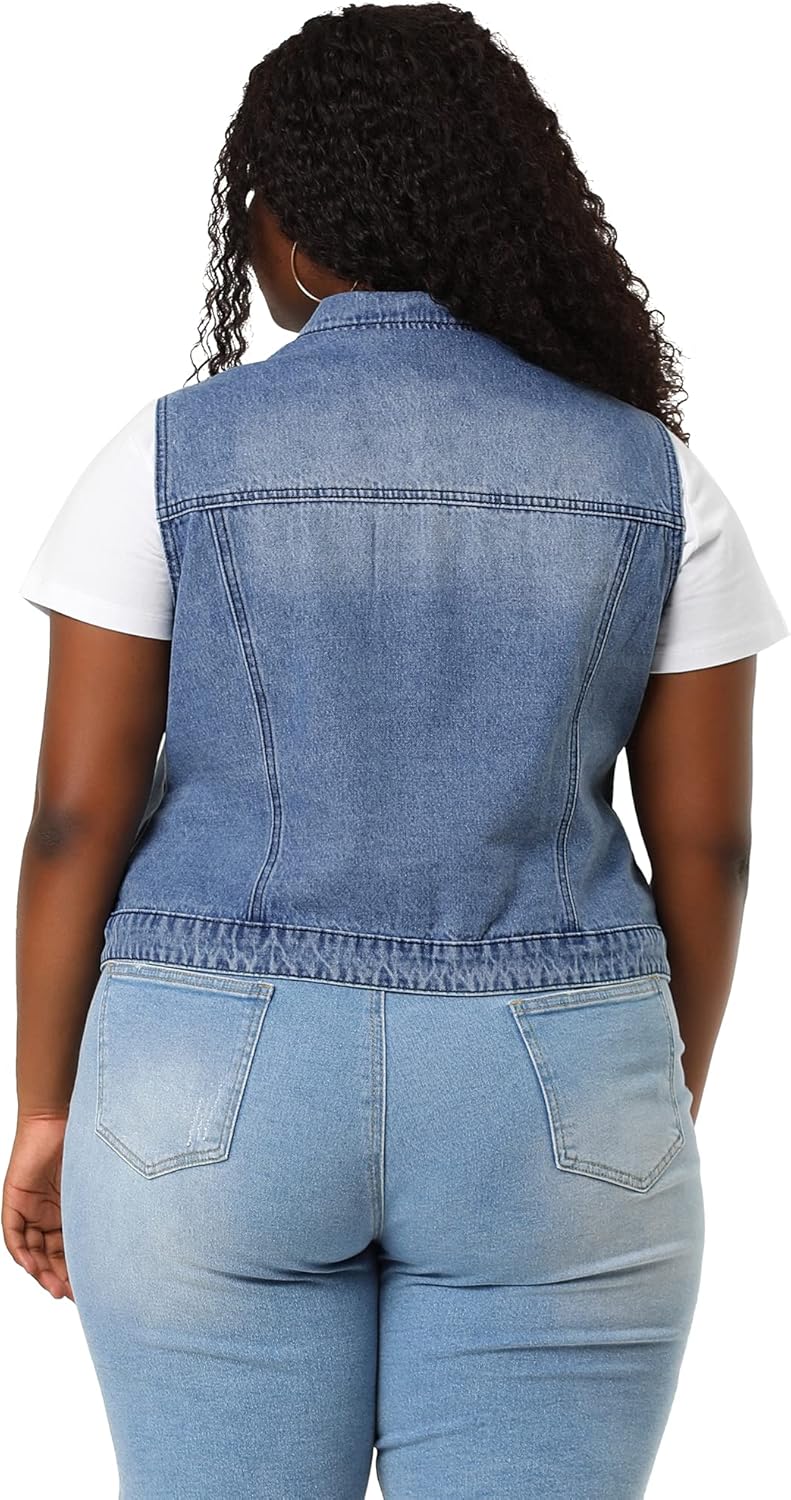 Agnes Orinda Plus Size Denim Vest for Women Sleeveless Zip Up Button Down Waistcoat Jeans Jackets Vests - Image 5