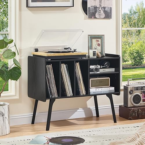 Miniatura 9 de Lerliuo Record Player Stand with 4 Cabinet Holds Up to 220 Albums, Large Turntable Stand with Beech Wood Legs, Mid-Century Record Player Table,Black