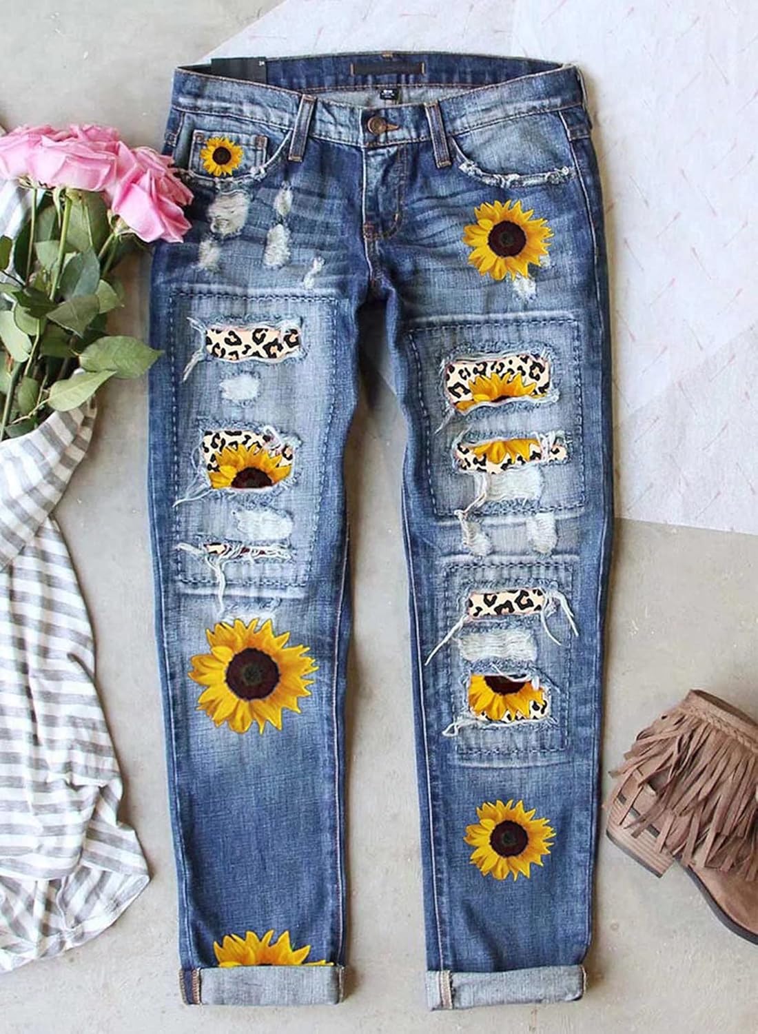 Astylish Womens Plaid Patch Ripped Boyfriend Distressed Stretch Skinny Denim Jeans - Image 2