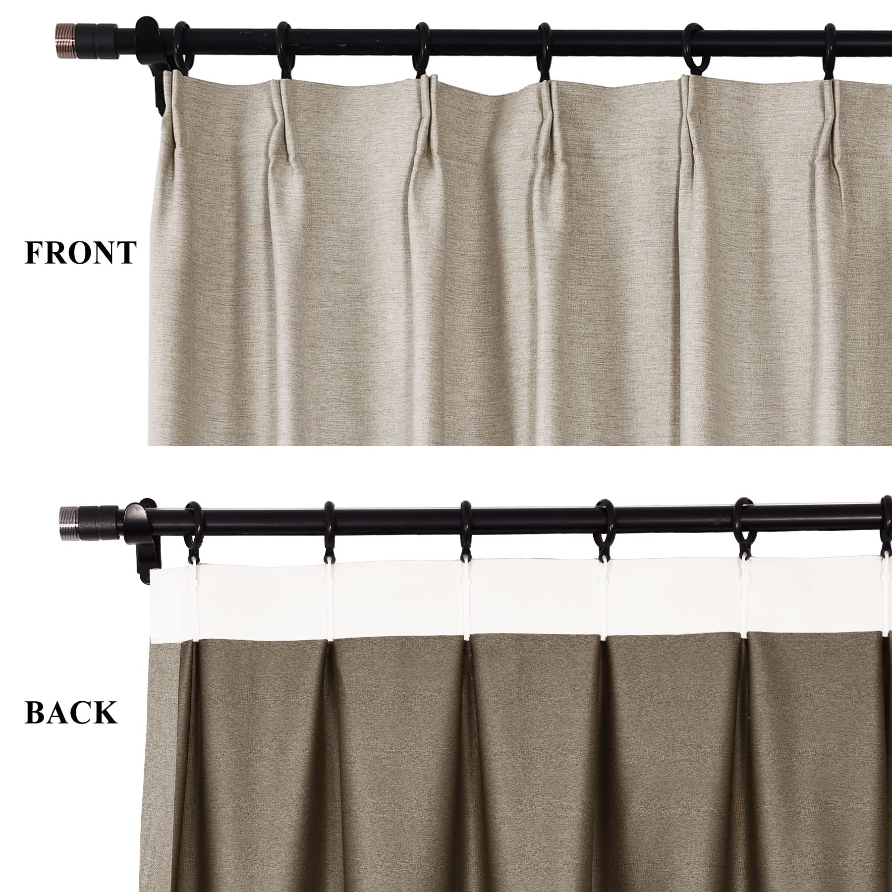 Cortinas opacas de lino gris ahumado de 102 pulgadas, cortinas plisadas con aislamiento térmico (2 piezas) para dormitorio y sala de estar, tratamiento de ventana para oscurecer la habitación, 127 cm