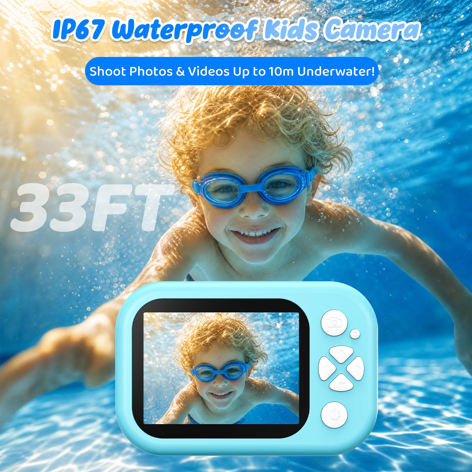 Unterwasser Kinderkamera, 48MP 1080P IP68 wasserdichte Digitalkamera Kamera Kinder mit 2,4 Zoll Bildschirm Notfall-LED-Blitz Reisen Strand Pool Spielzeug Geschenk für 3-12 Jahre Mädchen Jungen, Blau