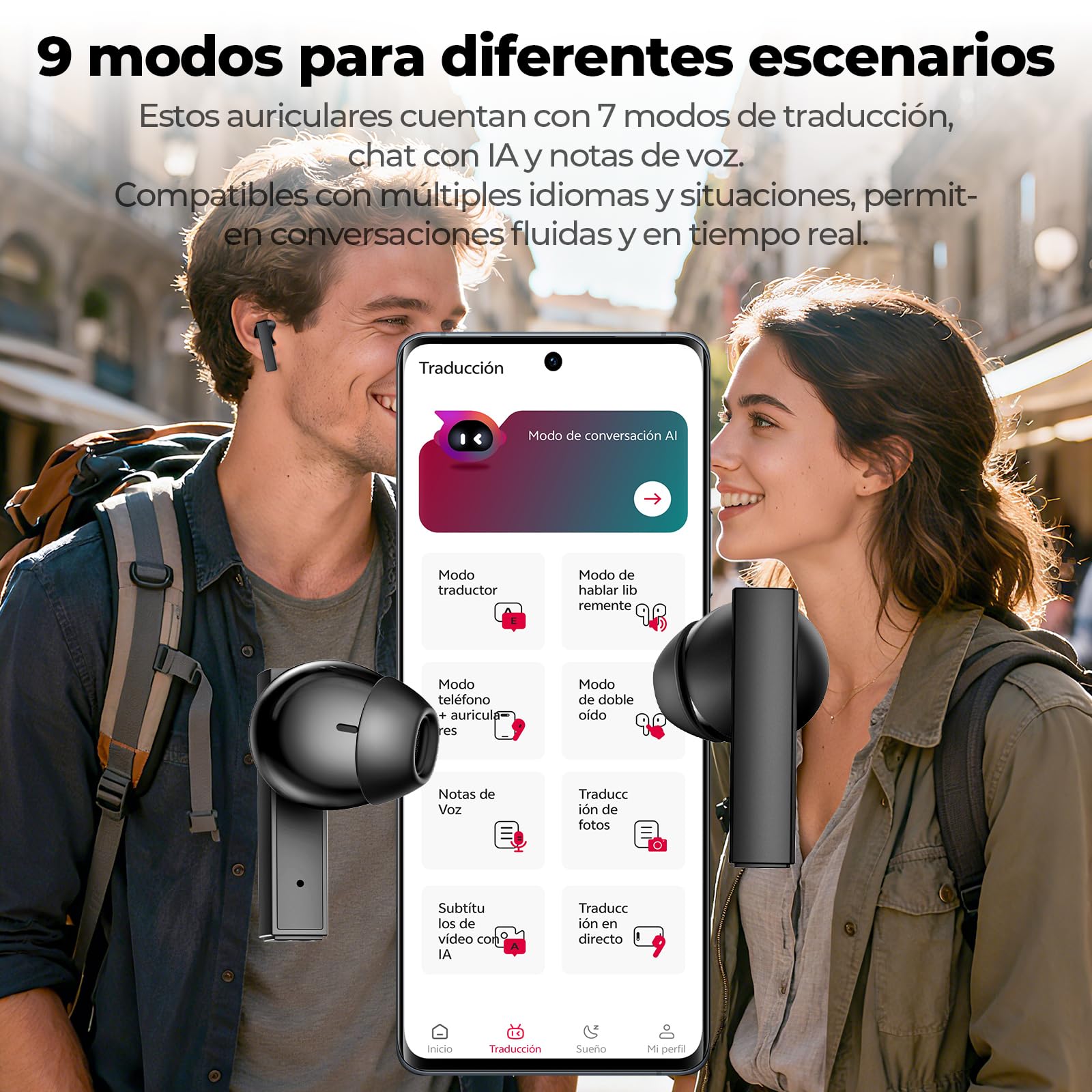 NE40 Auriculares Traductor con IA: Traducción en Tiempo Real de 134 Idiomas y 9 Modos - Auriculares Bluetooth 6.0 con Rueda de Control, IPX5 Impermeables, 48H Batería para Viajes, Negocios y Estudio