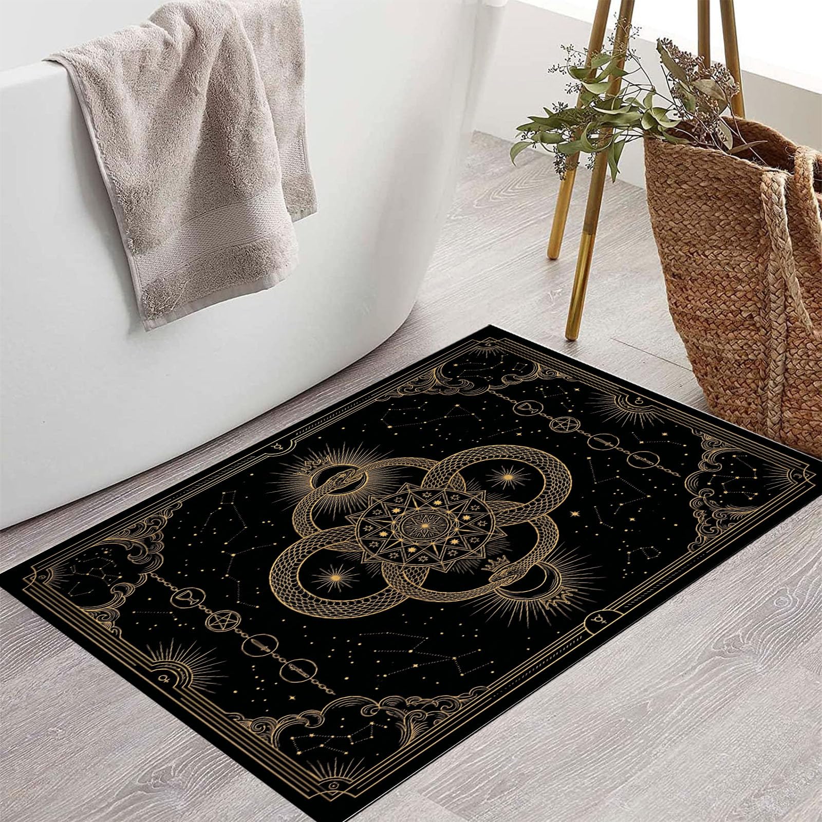 Felpudo Ultrafino Para Interiores,90X150Cm,Constelaciones Animales Misteriosas Alfombra Antideslizante Lavable Para Entrada,Tarot Cielo Estrellado Retro Felpudo De Perfil Bajo,Atrapa Suciedad,Negro