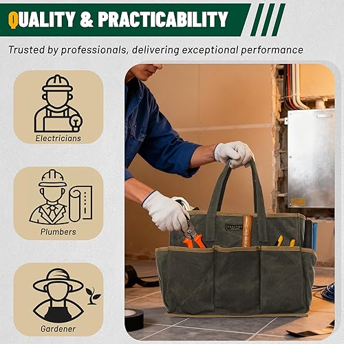 Miniatura 6 de Bolsa de herramientas de lona encerada resistente de 16 onzas, bolsa de herramientas de jardín Bolsa portátil de almacenamiento de herramientas de
