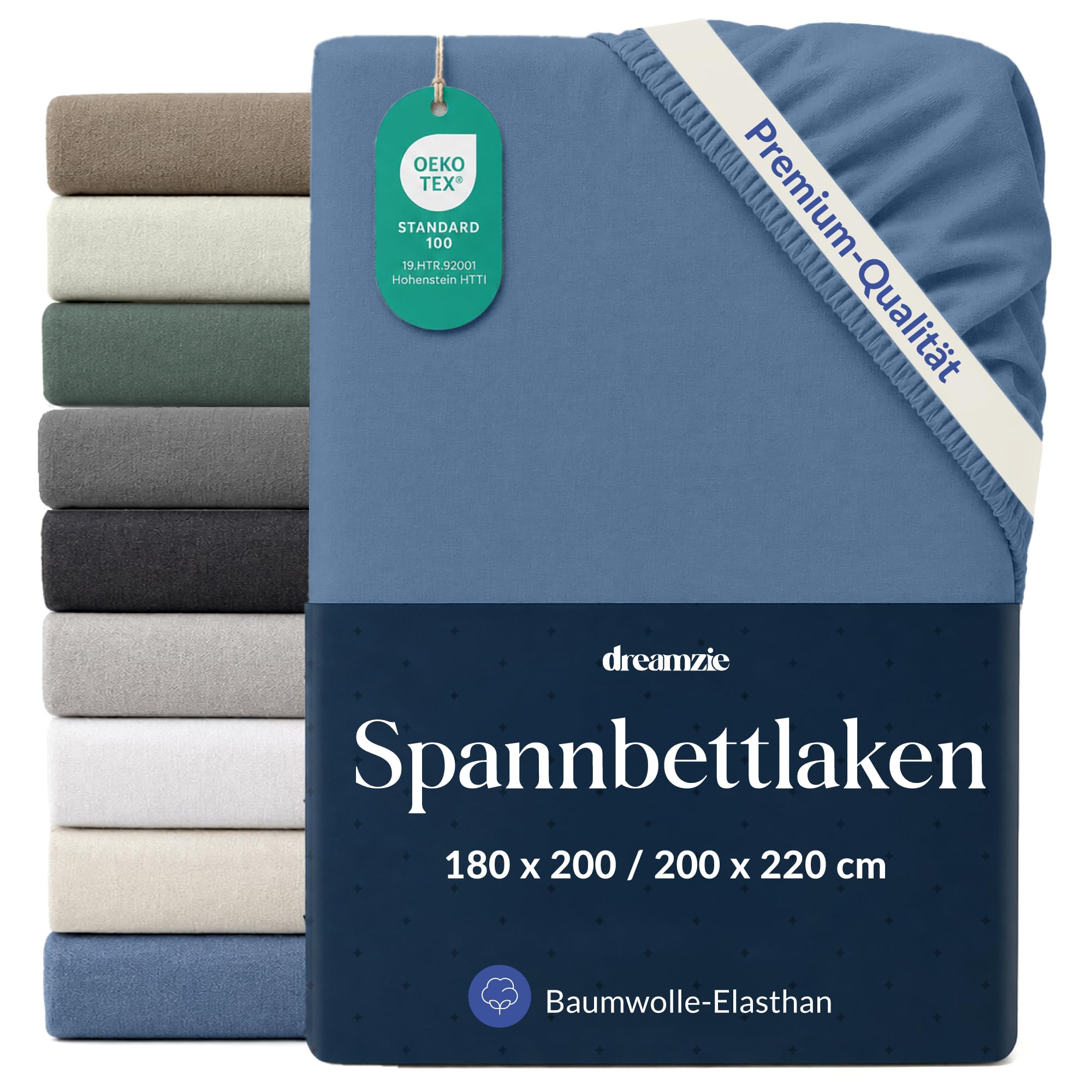 Dreamzie Spannbettlaken 180x200-200x220cm Blau, Baumwolle | Jersey 97% Baumwolle, 3% Elasthan · Oeko-Tex zertifiziert · 360°-Gummizug bis 35 cm · Ohne Bügeln