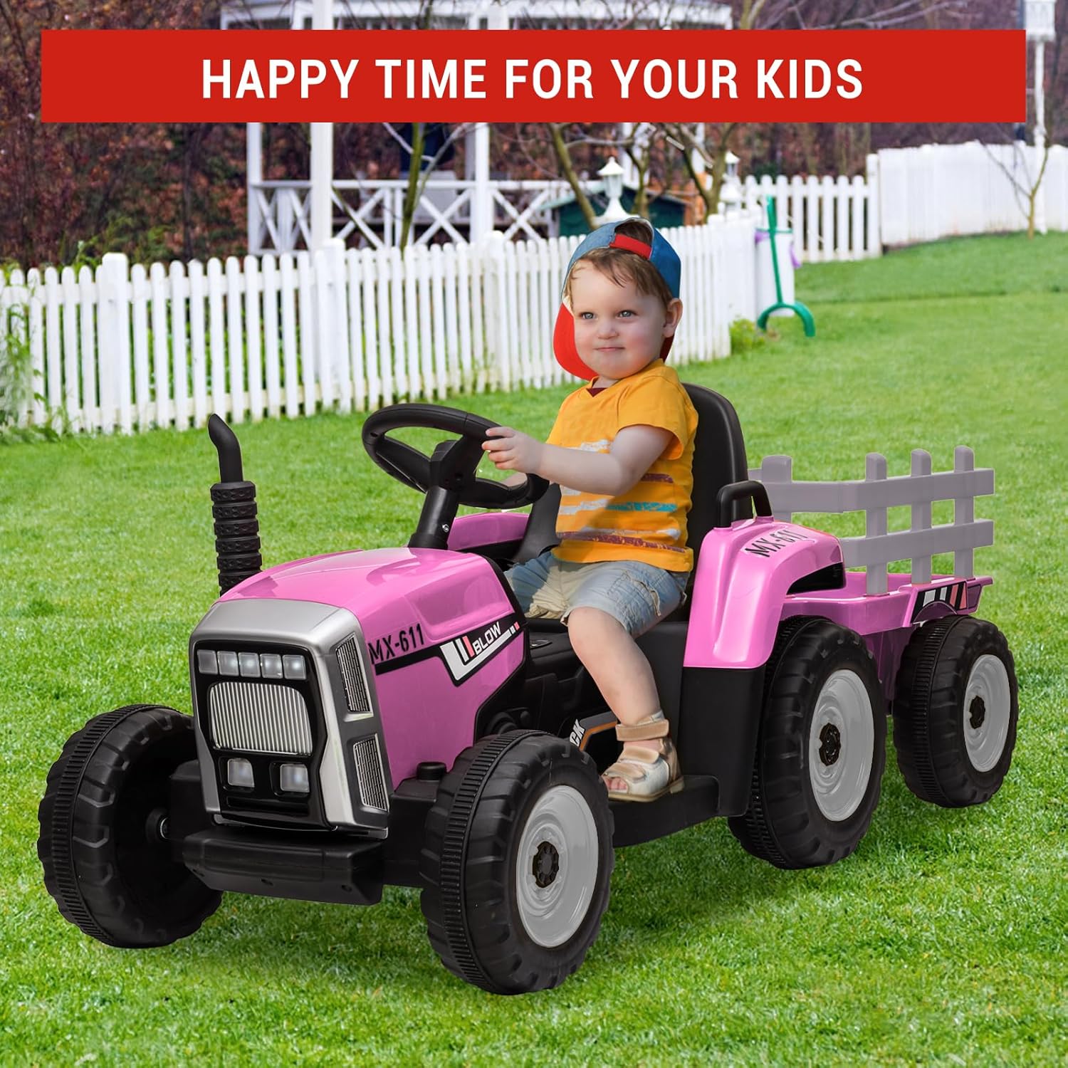 Garvee 12V Kids Ride on Tractor with Trailer & Remote Control, Speed Up to 5 Mph, Toddler Electric Vehicle Car with Headlights,2+1 Gear Shift, Music, USB for 3-6 Years Children