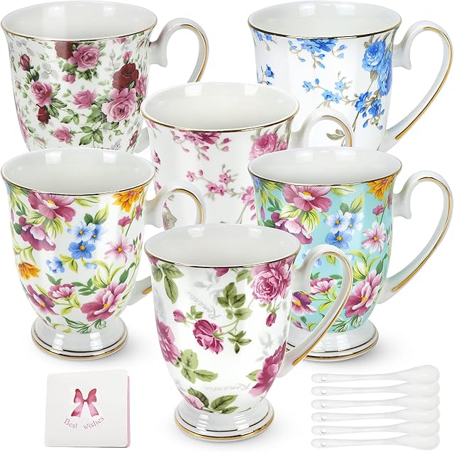AYAOQIANG Bone China Mug,Set of 6,Bone Porcelain Classic Breakfast Cup,Euro Style Art Tea Cup Coffee Mug,Coffee Mugs, Floral Mugs, Tea Mug, Coffee Cups, Large Coffee Mugs, Mugs for Coffee, Tea Cups